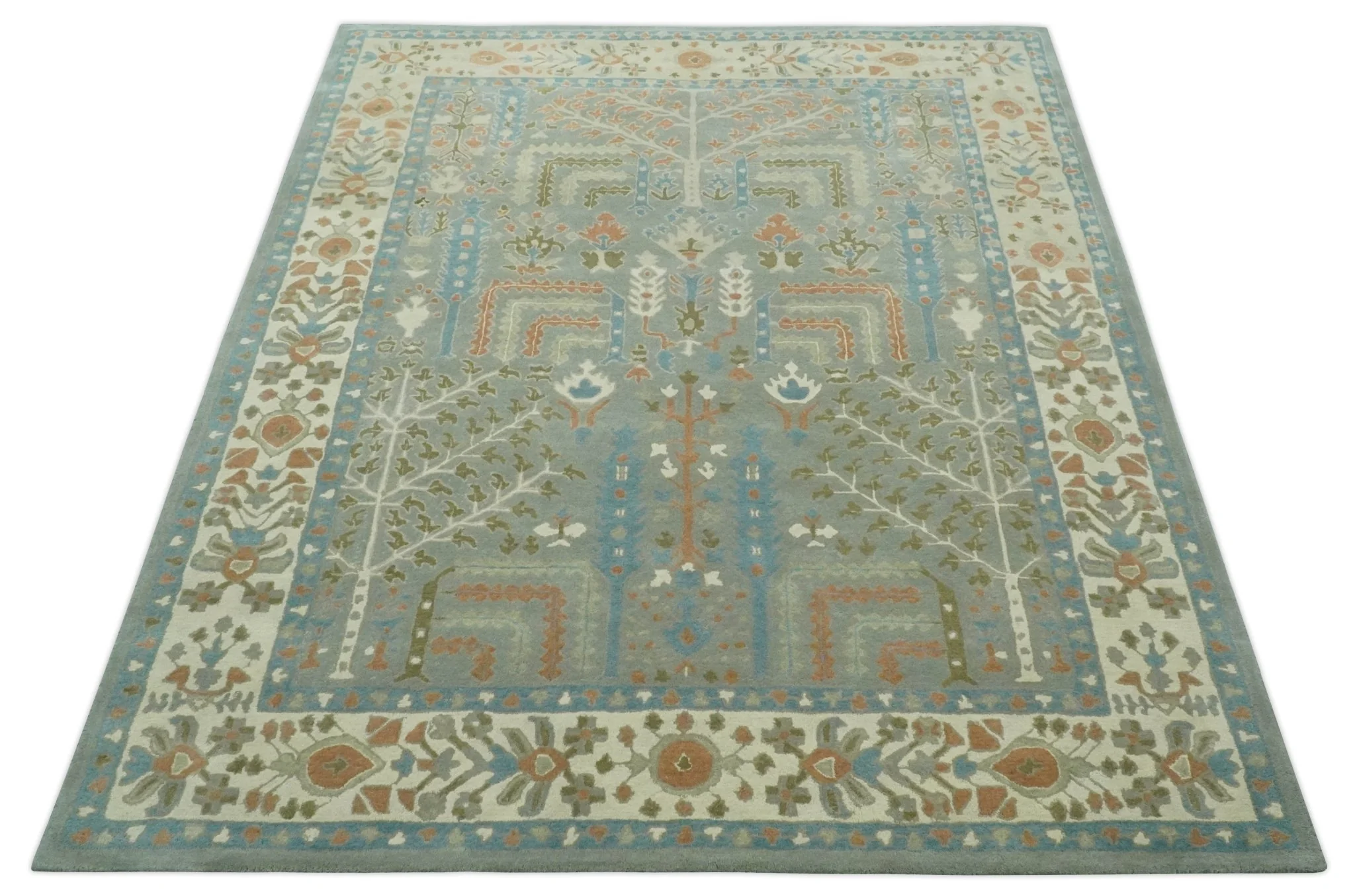 Tree of life Traditional Floral Gray, Beige, Green and Dark Peach Hand Tufted 8x10 wool Area Rug - Image 11