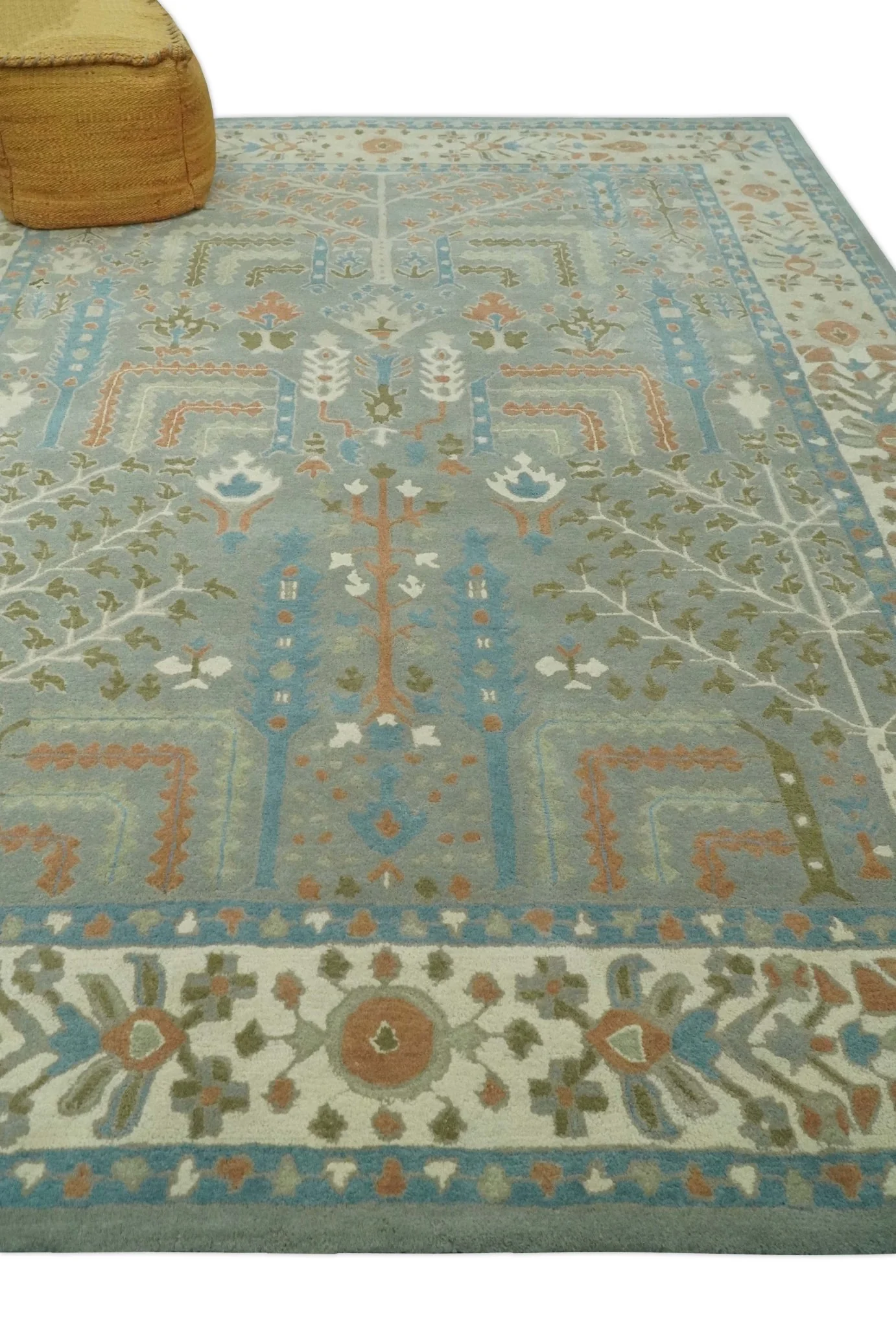 Tree of life Traditional Floral Gray, Beige, Green and Dark Peach Hand Tufted 8x10 wool Area Rug - Image 3