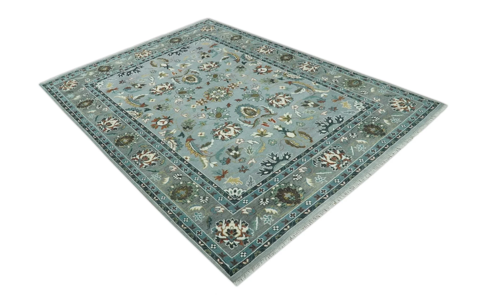 Floral Gray, Ivory, Brown and Green Hand Knotted Traditional Oushak 9x12 wool Rug - Image 10