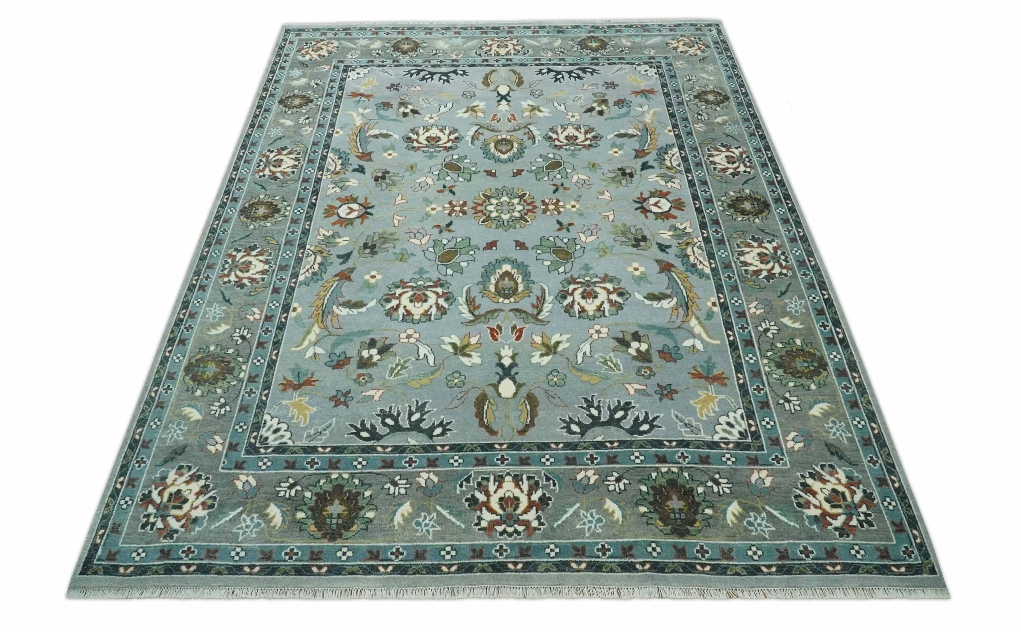 Floral Gray, Ivory, Brown and Green Hand Knotted Traditional Oushak 9x12 wool Rug - Image 11
