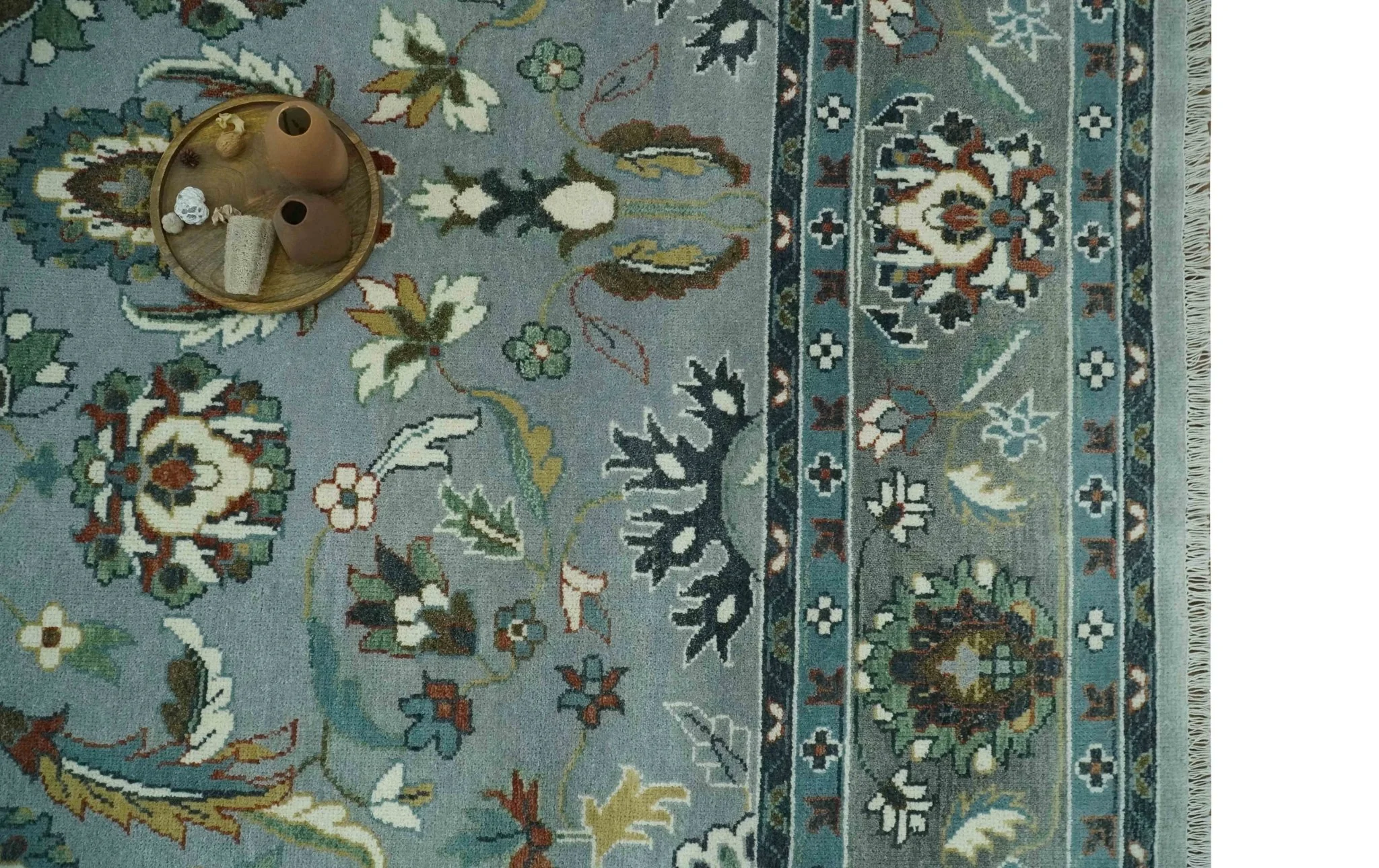 Floral Gray, Ivory, Brown and Green Hand Knotted Traditional Oushak 9x12 wool Rug - Image 12