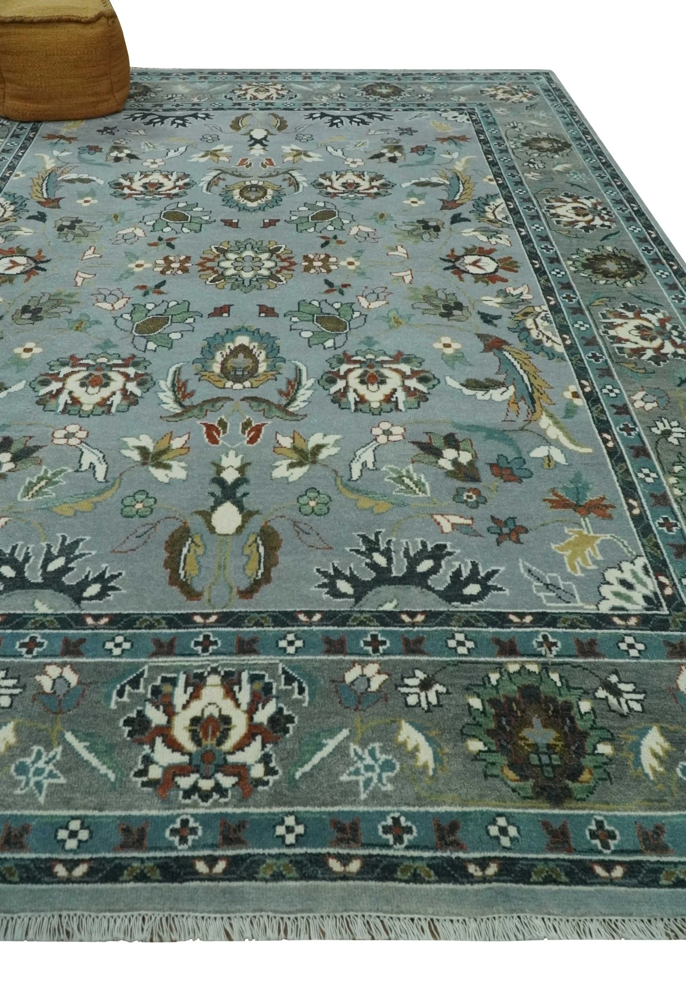 Floral Gray, Ivory, Brown and Green Hand Knotted Traditional Oushak 9x12 wool Rug - Image 3