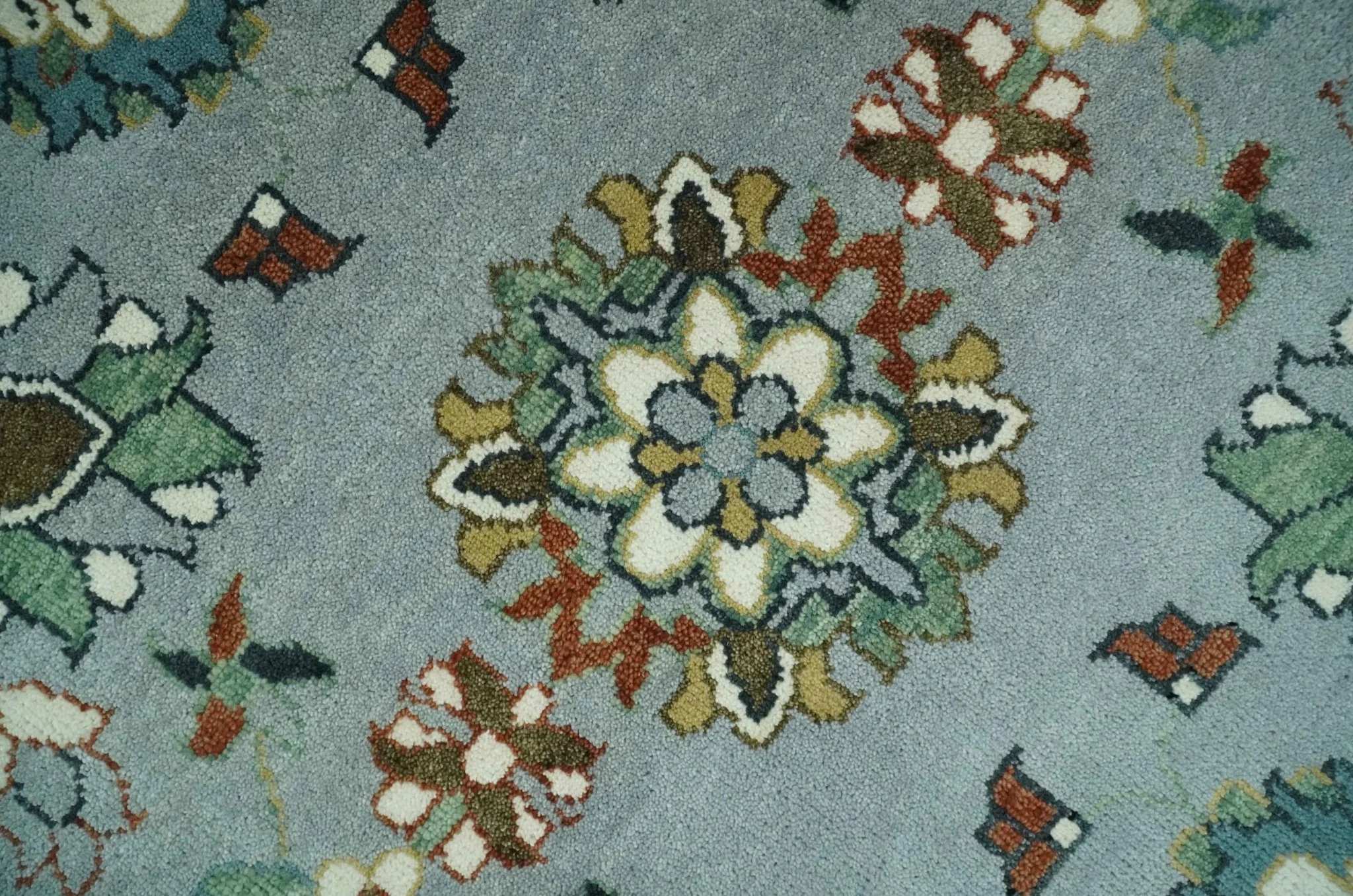 Floral Gray, Ivory, Brown and Green Hand Knotted Traditional Oushak 9x12 wool Rug - Image 4