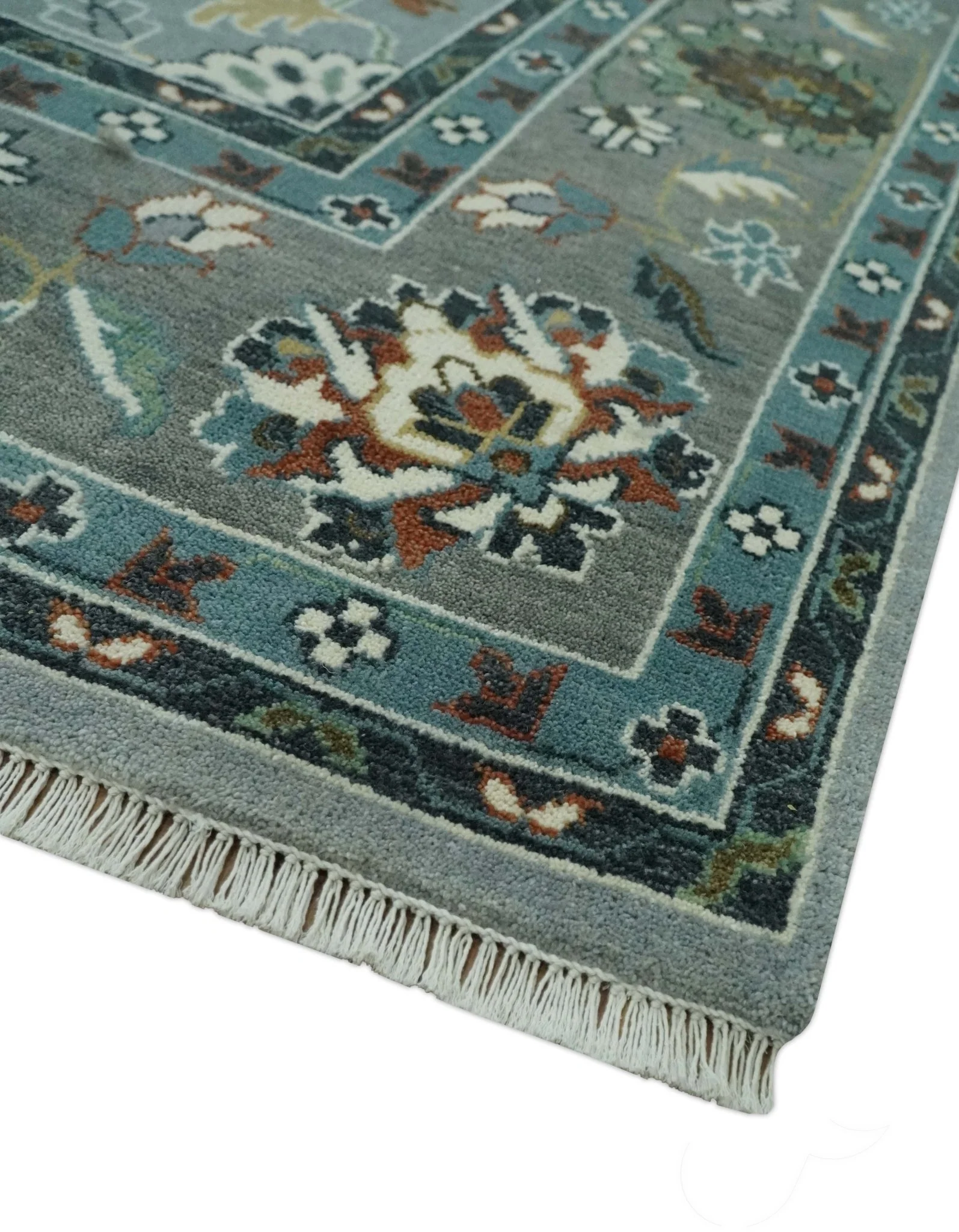 Floral Gray, Ivory, Brown and Green Hand Knotted Traditional Oushak 9x12 wool Rug - Image 5