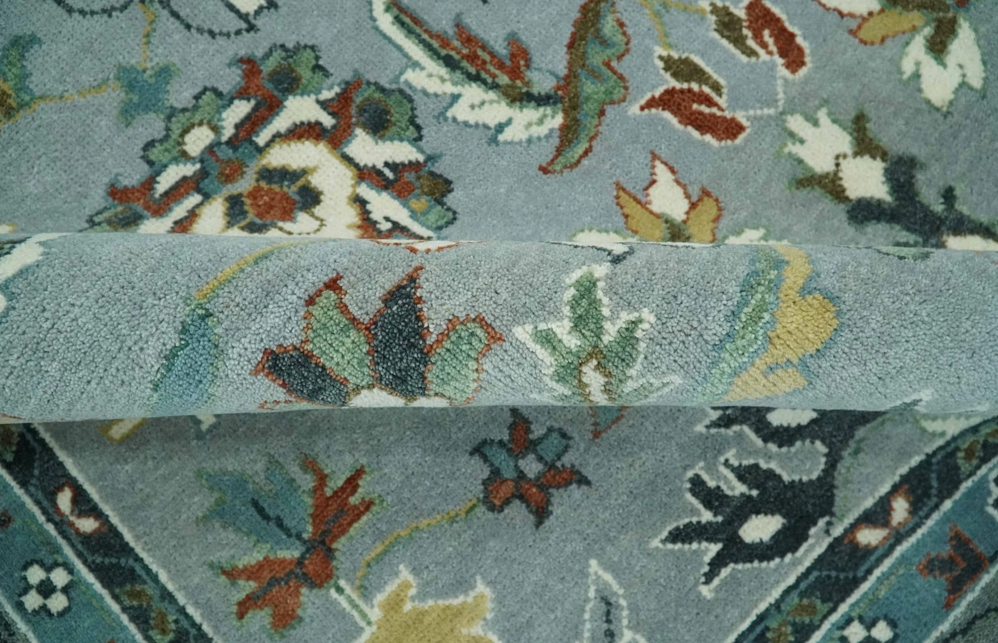 Floral Gray, Ivory, Brown and Green Hand Knotted Traditional Oushak 9x12 wool Rug - Image 6