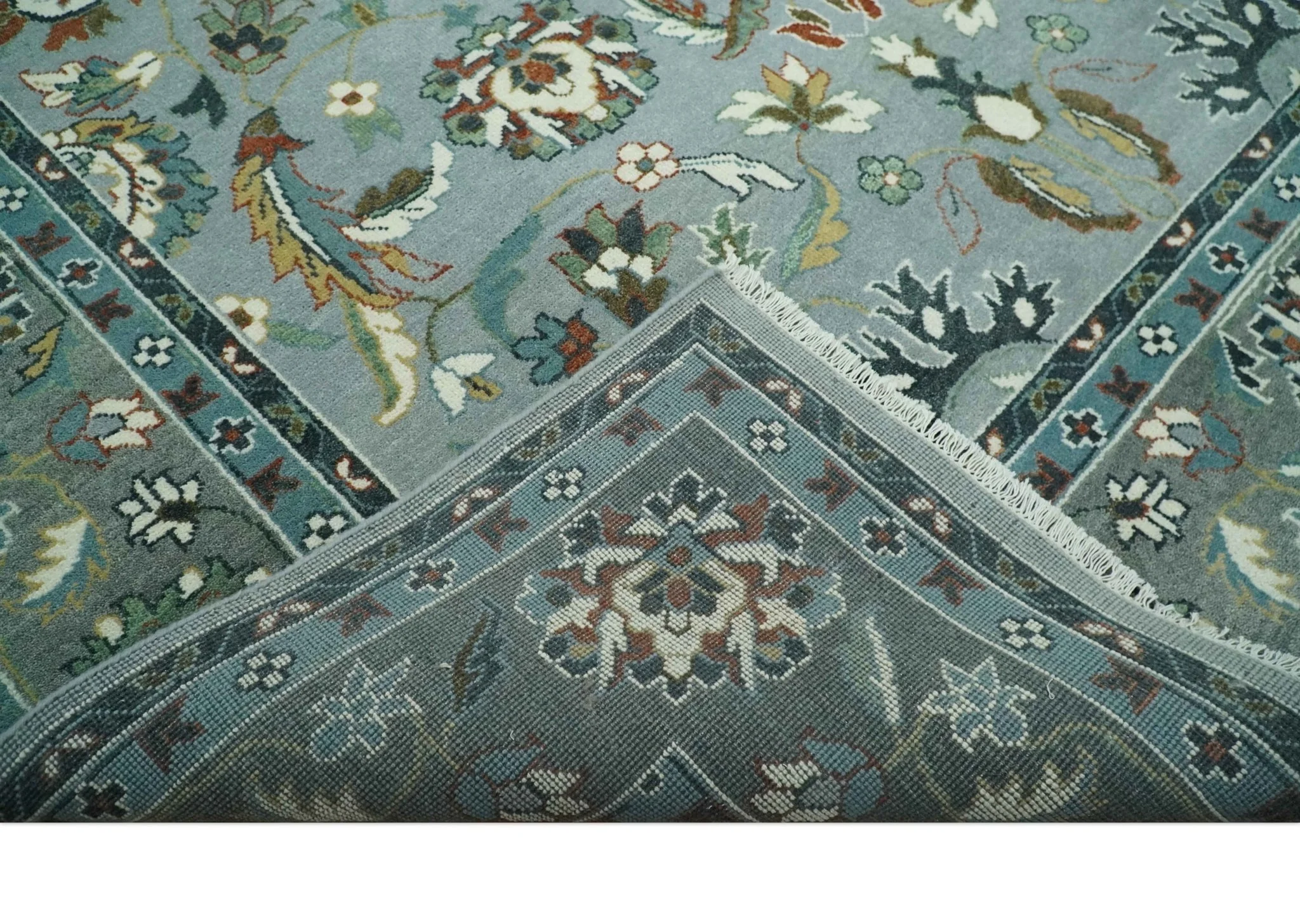 Floral Gray, Ivory, Brown and Green Hand Knotted Traditional Oushak 9x12 wool Rug - Image 7
