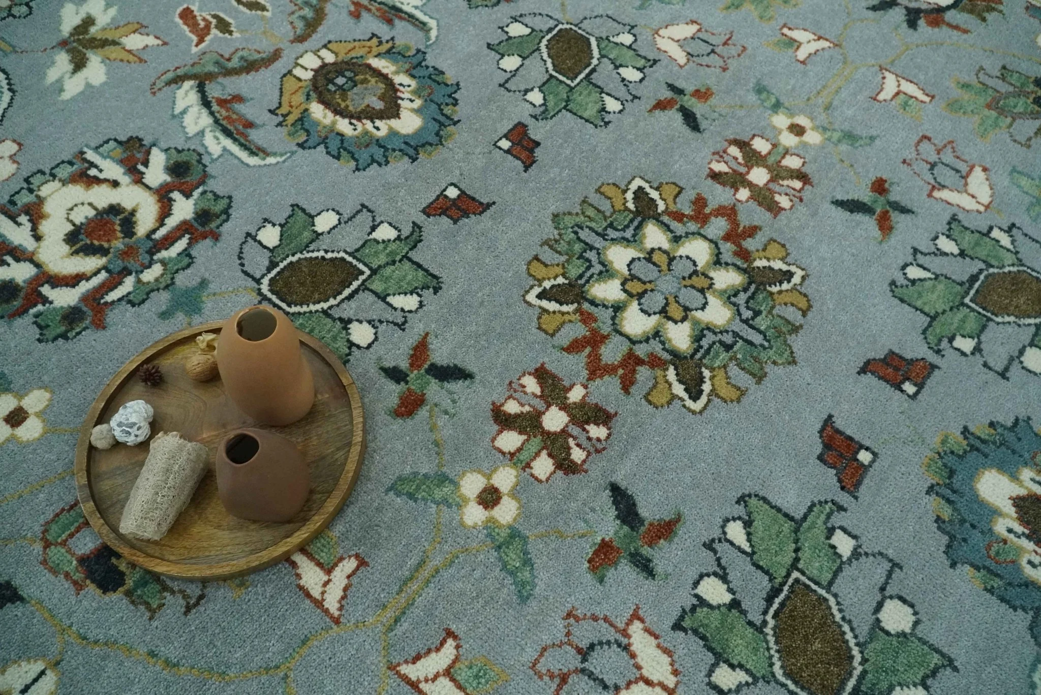 Floral Gray, Ivory, Brown and Green Hand Knotted Traditional Oushak 9x12 wool Rug - Image 8
