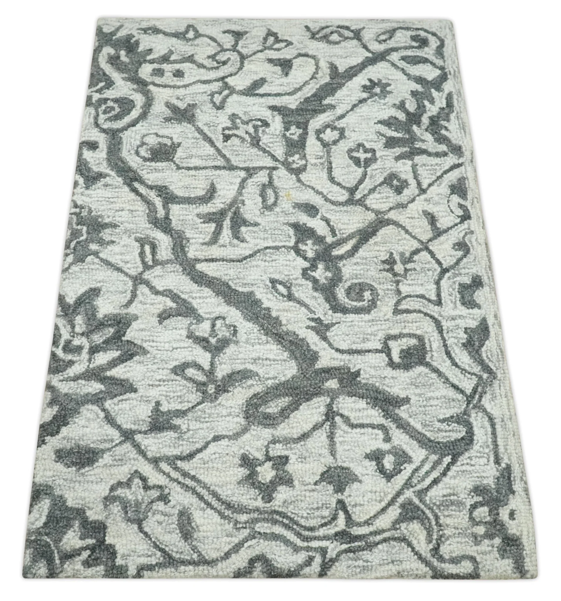 Floral Ivory and Charcoal Wool Hand Woven Layering Multi Size Area Rug - Image 2