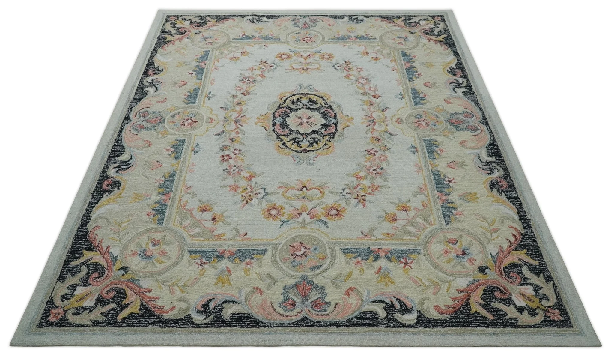 Ivory, Light Green and Charcoal Aubusson design Hand Tufted 8x10 wool Area Rug - Image 10