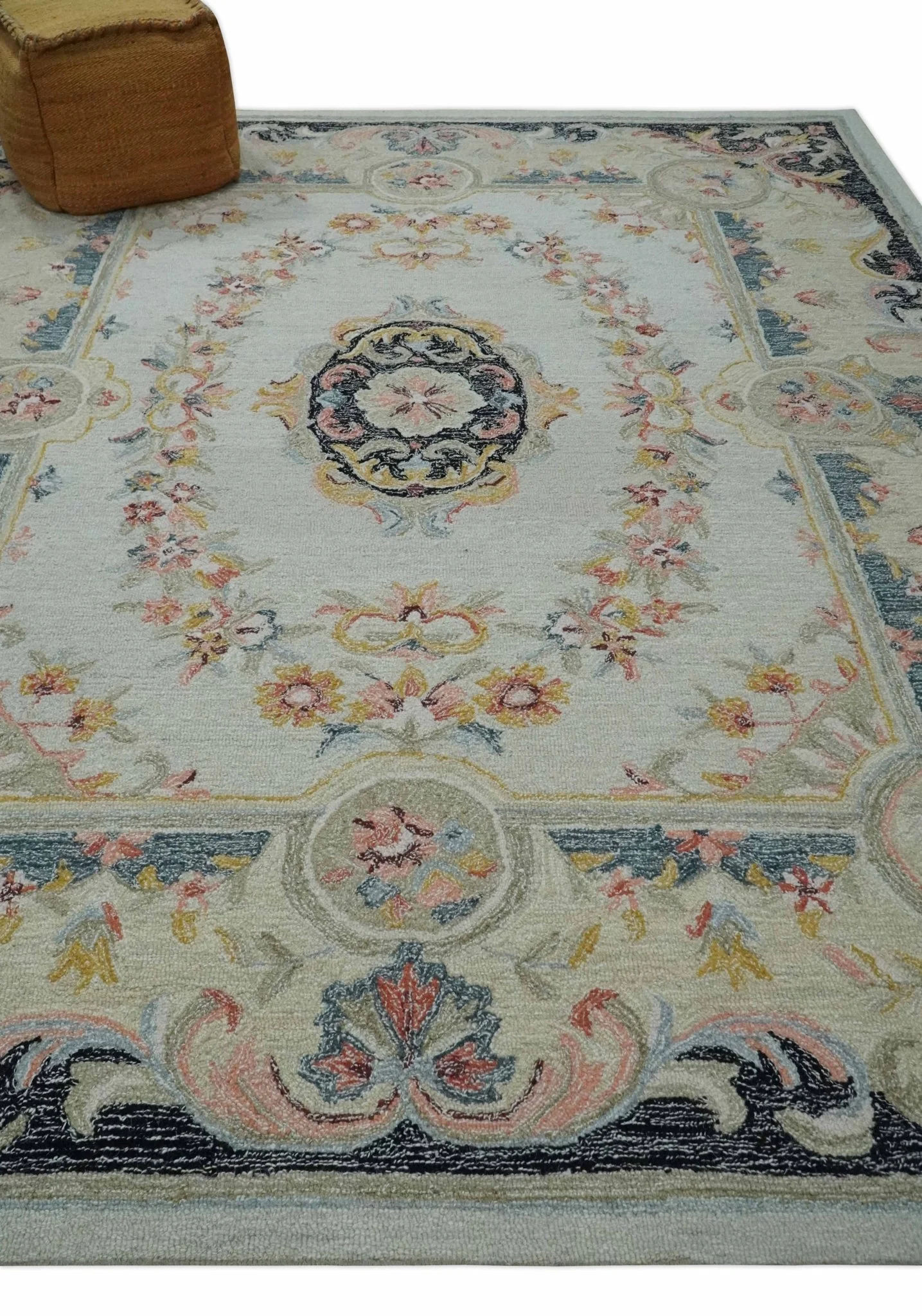 Ivory, Light Green and Charcoal Aubusson design Hand Tufted 8x10 wool Area Rug - Image 3