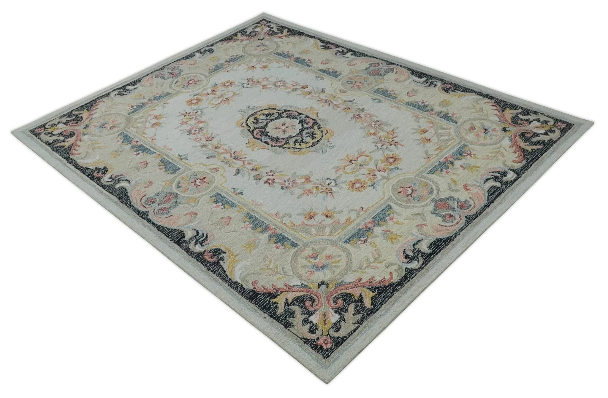 Ivory, Light Green and Charcoal Aubusson design Hand Tufted 8x10 wool Area Rug - Image 9