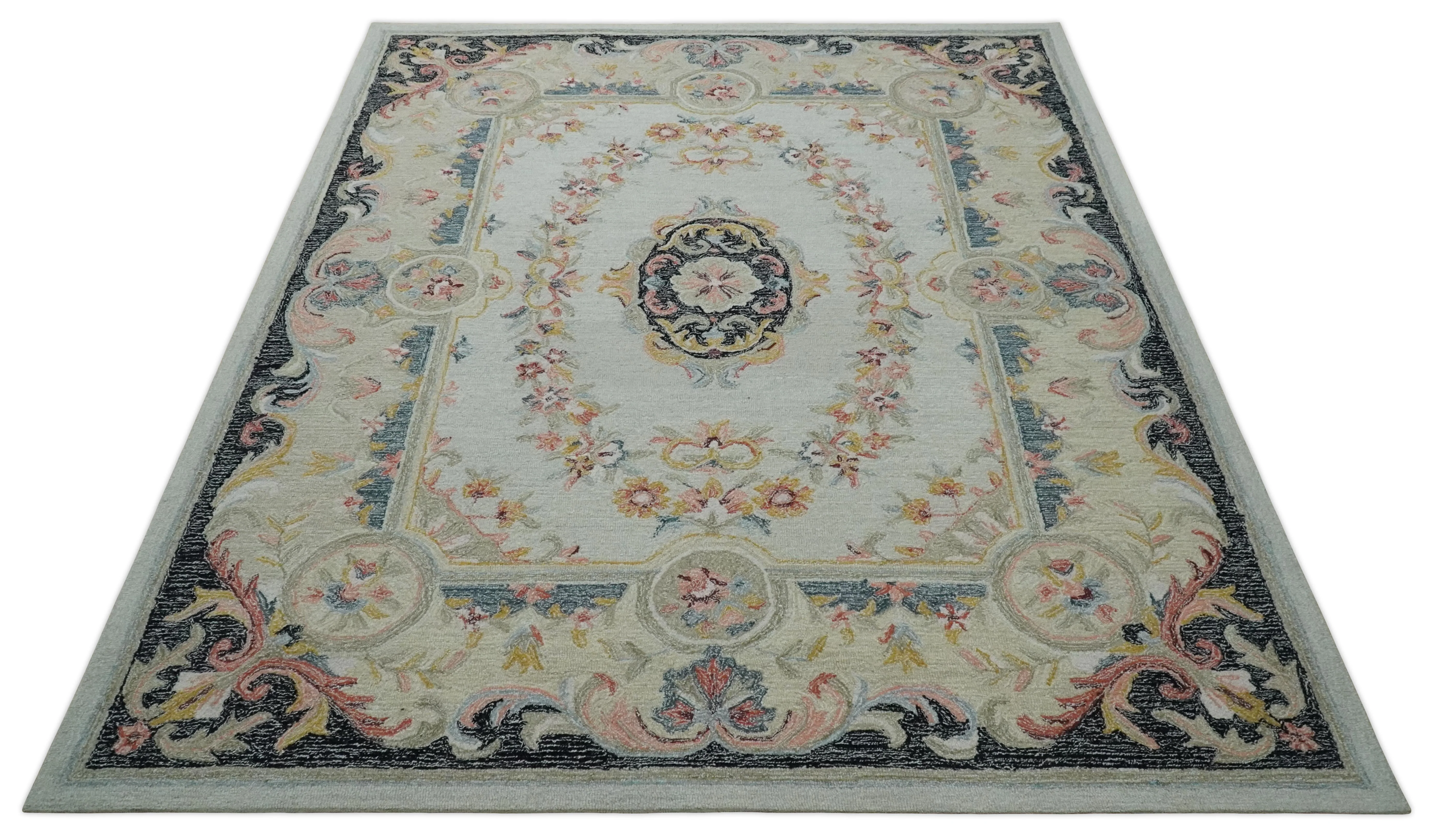 French Design Aubusson Custom Made Ivory, Light Green and Charcoal Hand Tufted wool Area Rug - Image 10