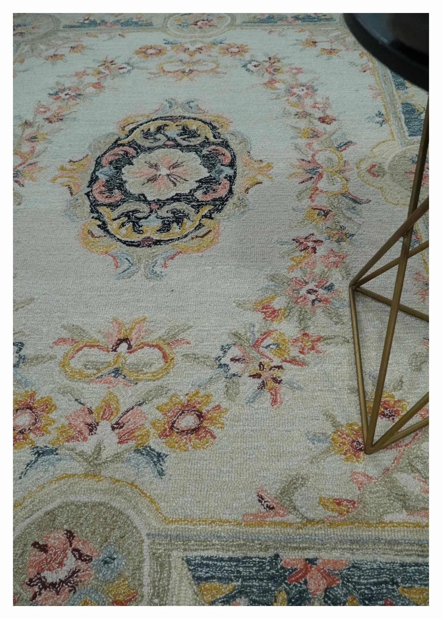 French Design Aubusson Custom Made Ivory, Light Green and Charcoal Hand Tufted wool Area Rug - Image 2