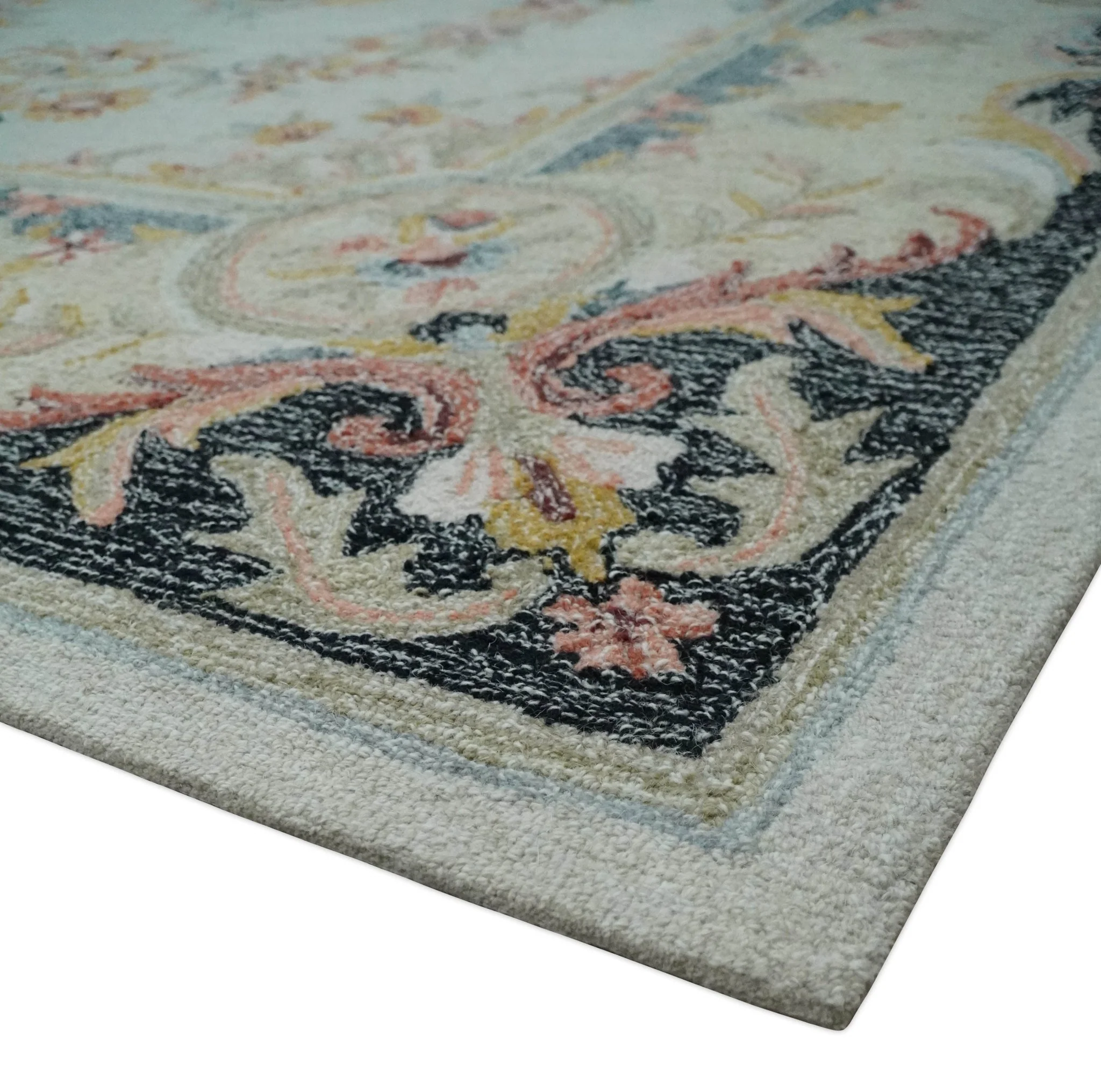 French Design Aubusson Custom Made Ivory, Light Green and Charcoal Hand Tufted wool Area Rug - Image 5