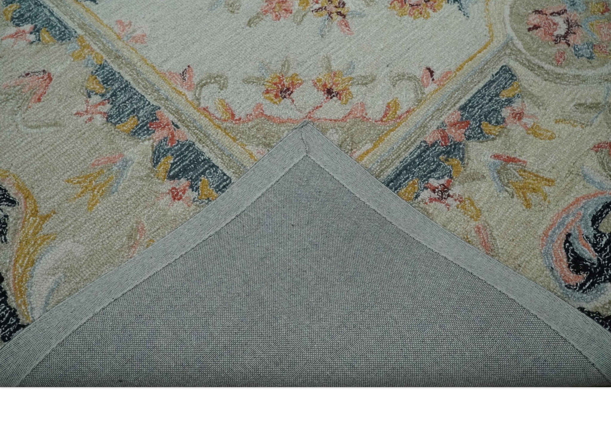 French Design Aubusson Custom Made Ivory, Light Green and Charcoal Hand Tufted wool Area Rug - Image 7