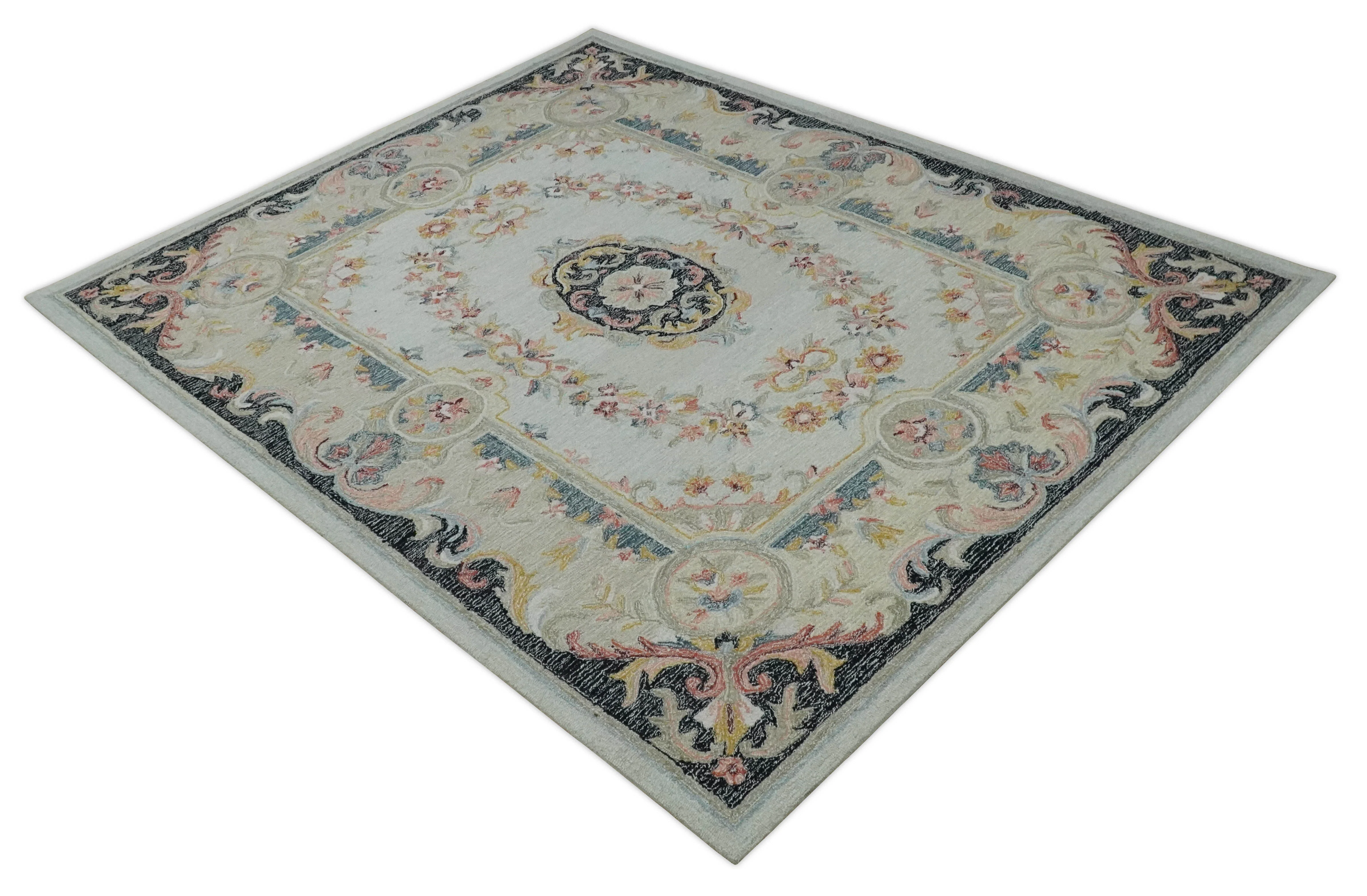 French Design Aubusson Custom Made Ivory, Light Green and Charcoal Hand Tufted wool Area Rug - Image 9