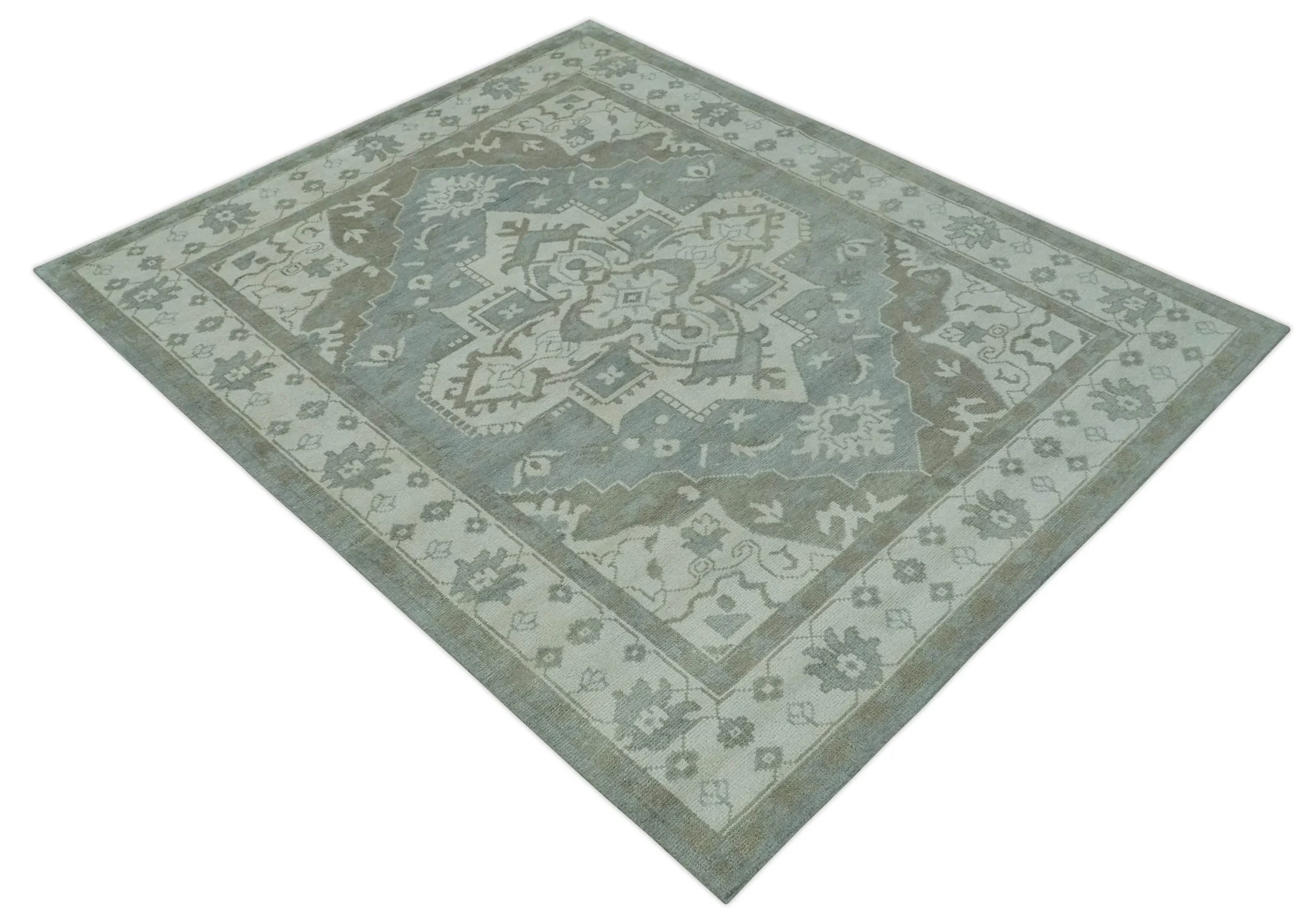 Ivory, Silver and Olive Traditional Heriz Medallion Hand Knotted Multi Size wool Area Rug - Image 10