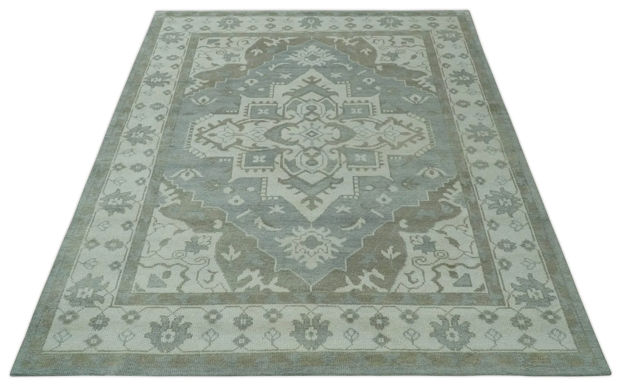 Ivory, Silver and Olive Traditional Heriz Medallion Hand Knotted Multi Size wool Area Rug - Image 11