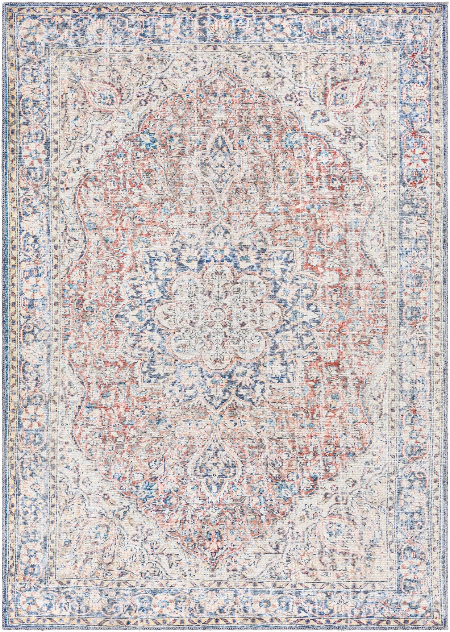 Traditional Oriental Medallion Design Ivory, Blue and rust low pile Area Rug - Image 10