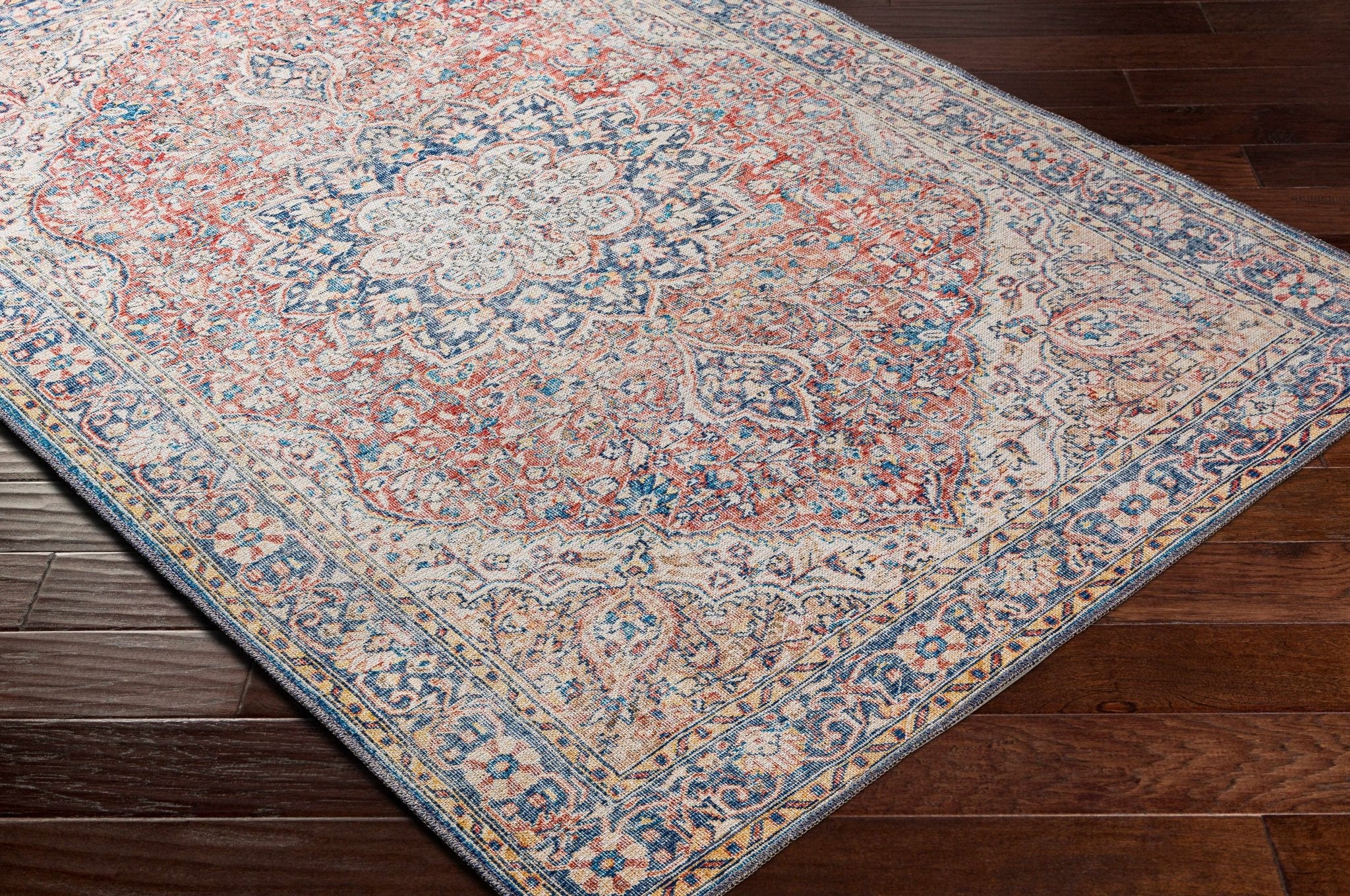Traditional Oriental Medallion Design Ivory, Blue and rust low pile Area Rug - Image 11