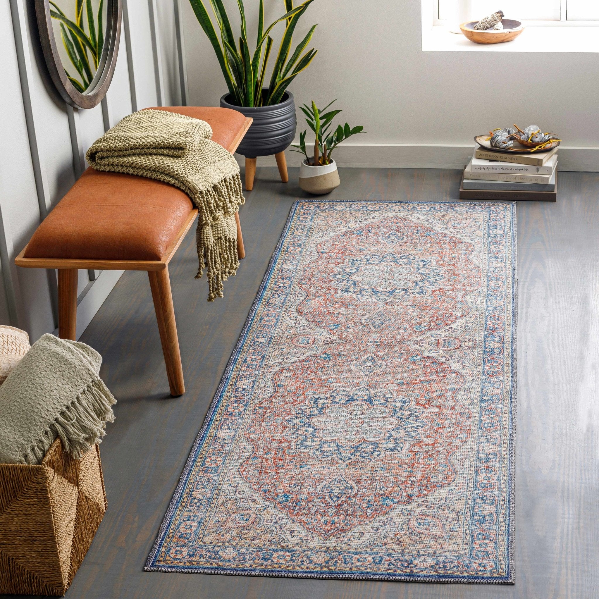 Traditional Oriental Medallion Design Ivory, Blue and rust low pile Area Rug - Image 13
