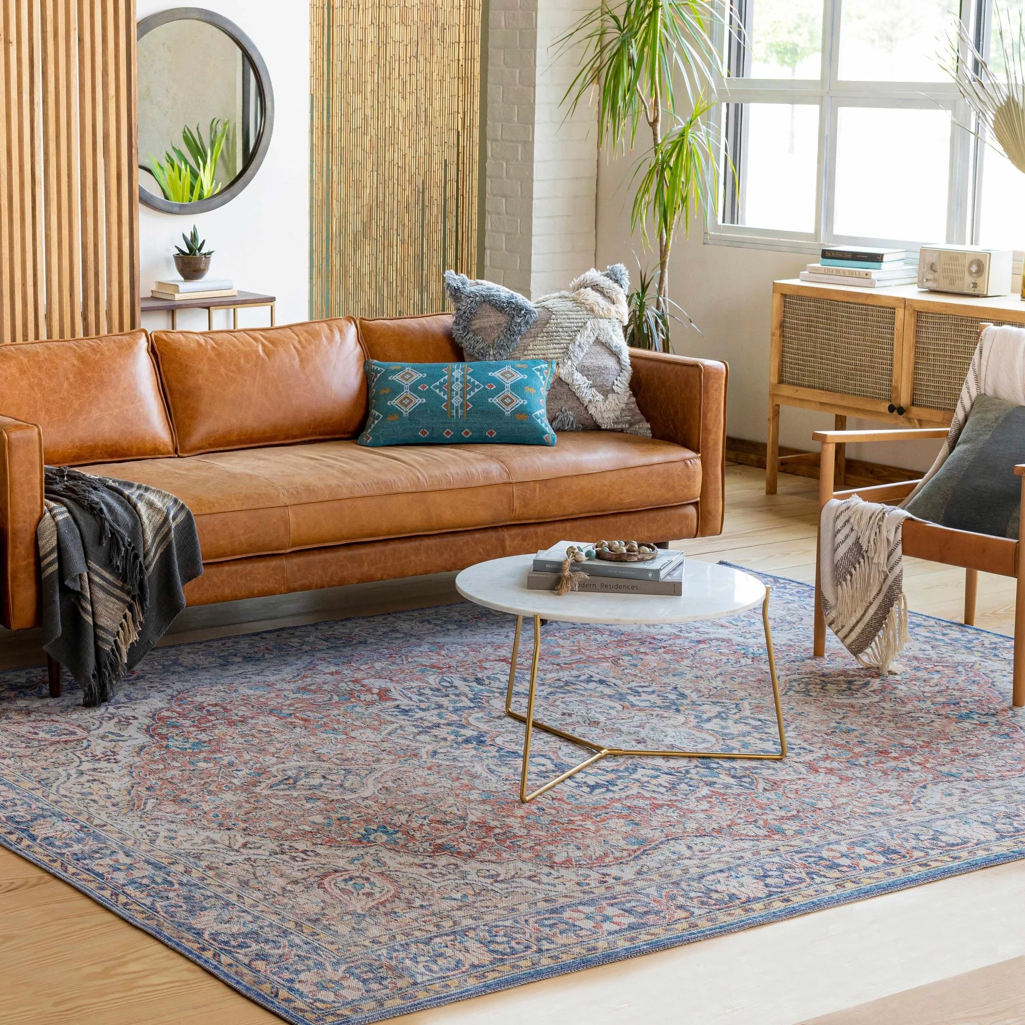 Traditional Oriental Medallion Design Ivory, Blue and rust low pile Area Rug - Image 2