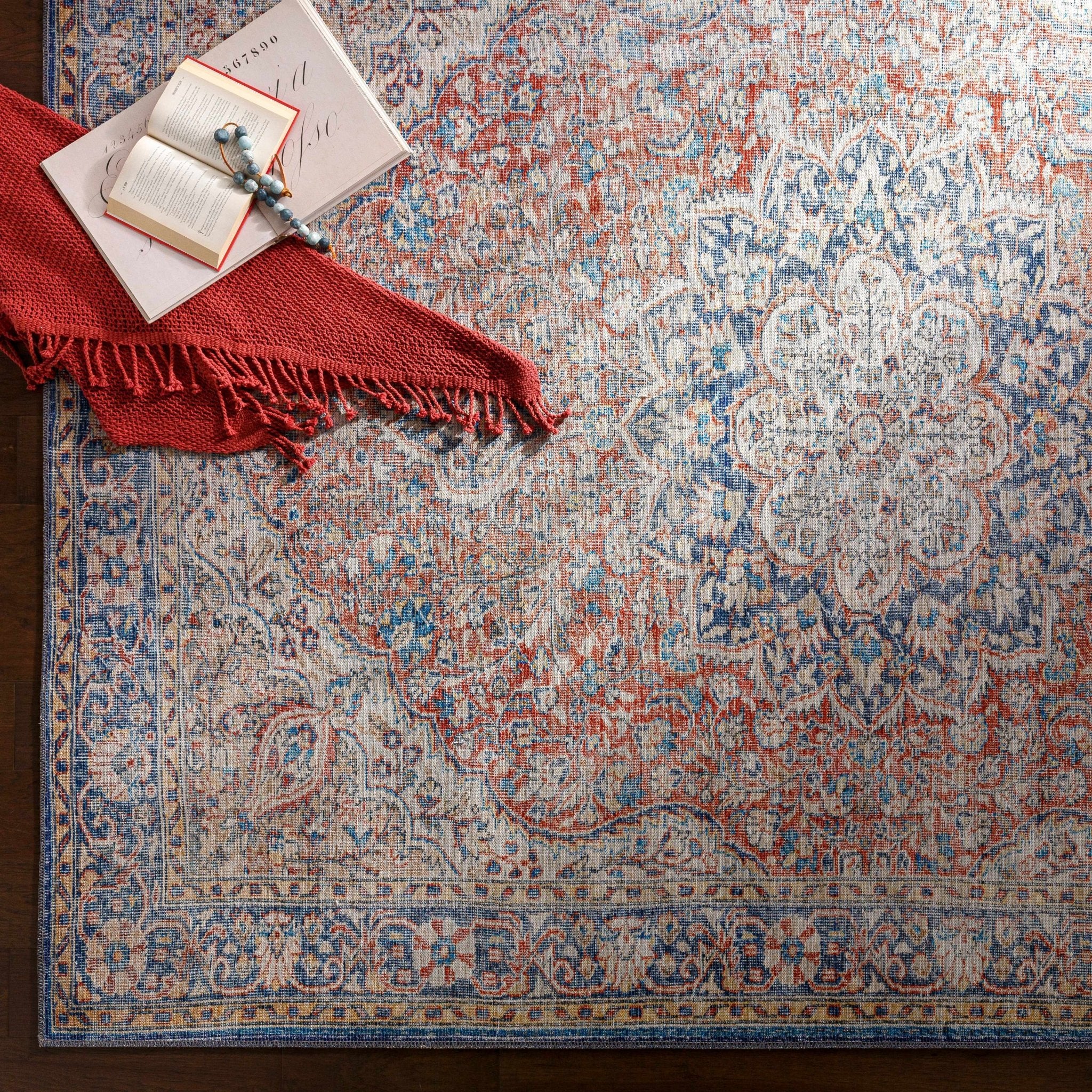 Traditional Oriental Medallion Design Ivory, Blue and rust low pile Area Rug - Image 3