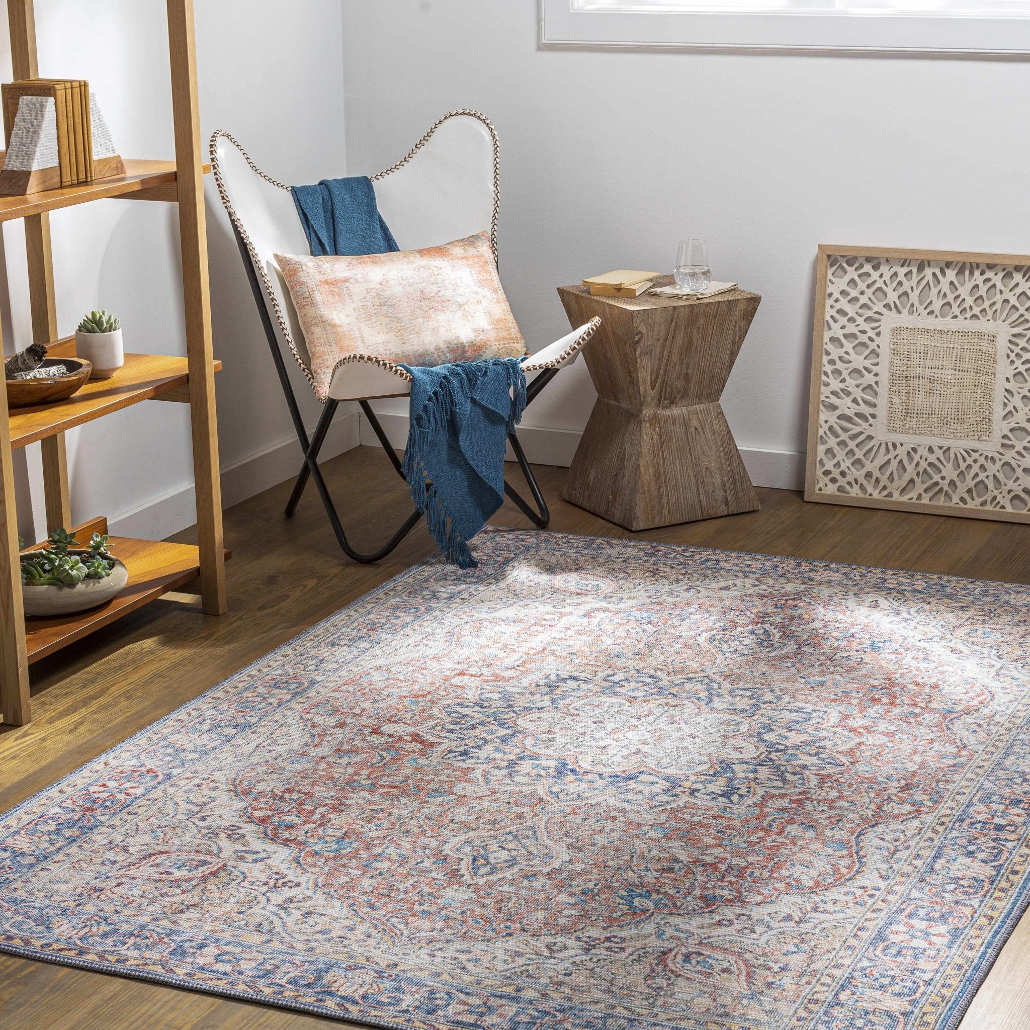 Traditional Oriental Medallion Design Ivory, Blue and rust low pile Area Rug - Image 4