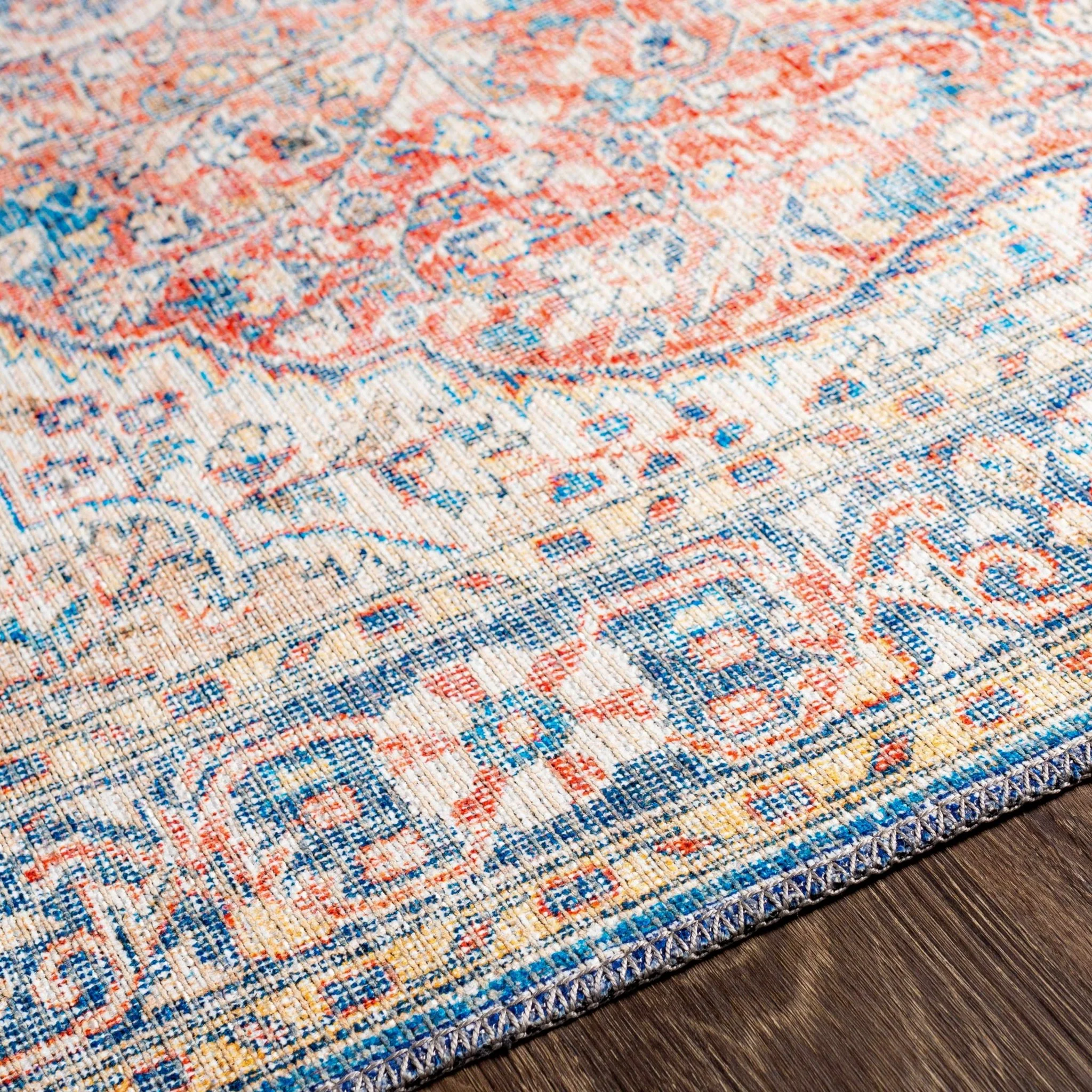 Traditional Oriental Medallion Design Ivory, Blue and rust low pile Area Rug - Image 5