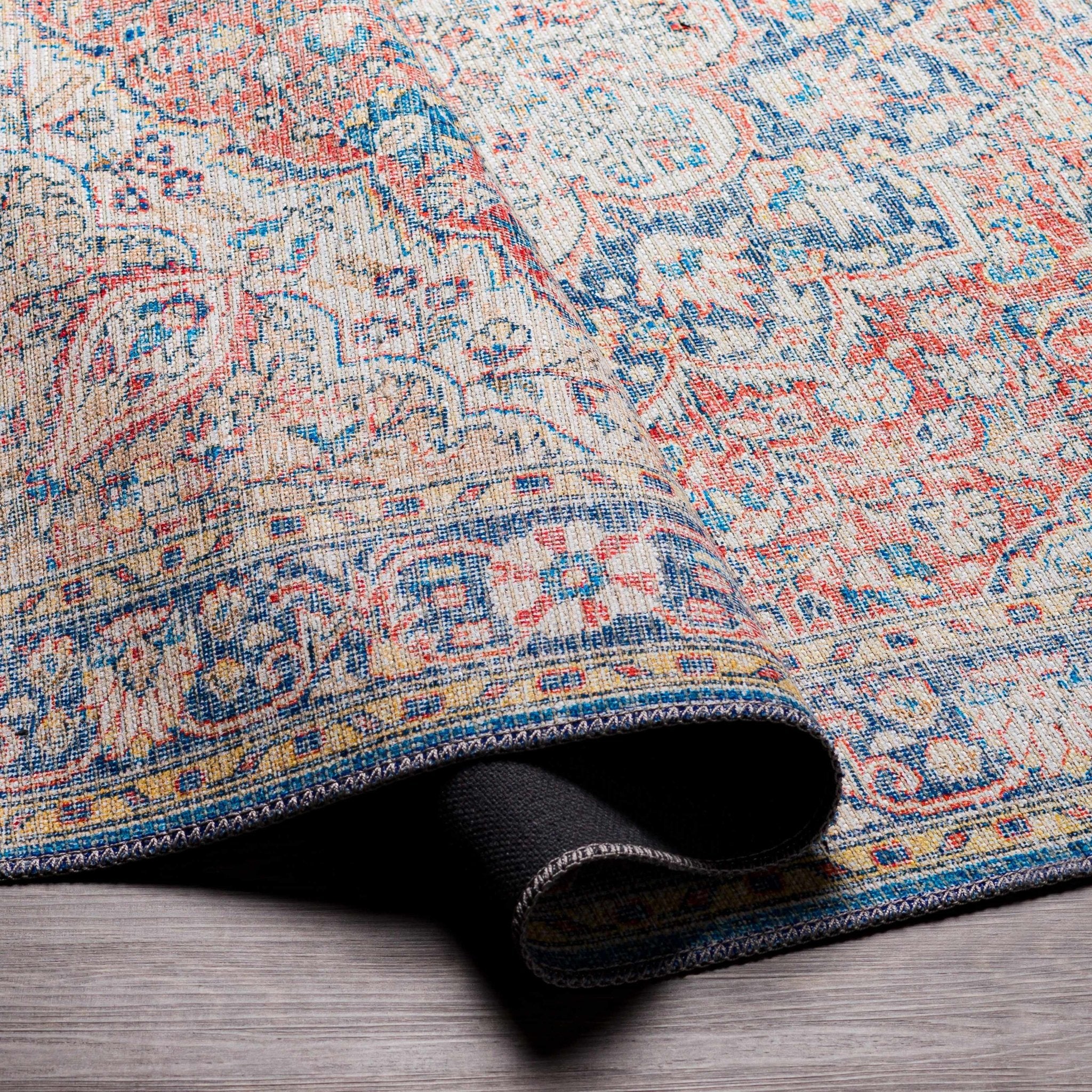 Traditional Oriental Medallion Design Ivory, Blue and rust low pile Area Rug - Image 6