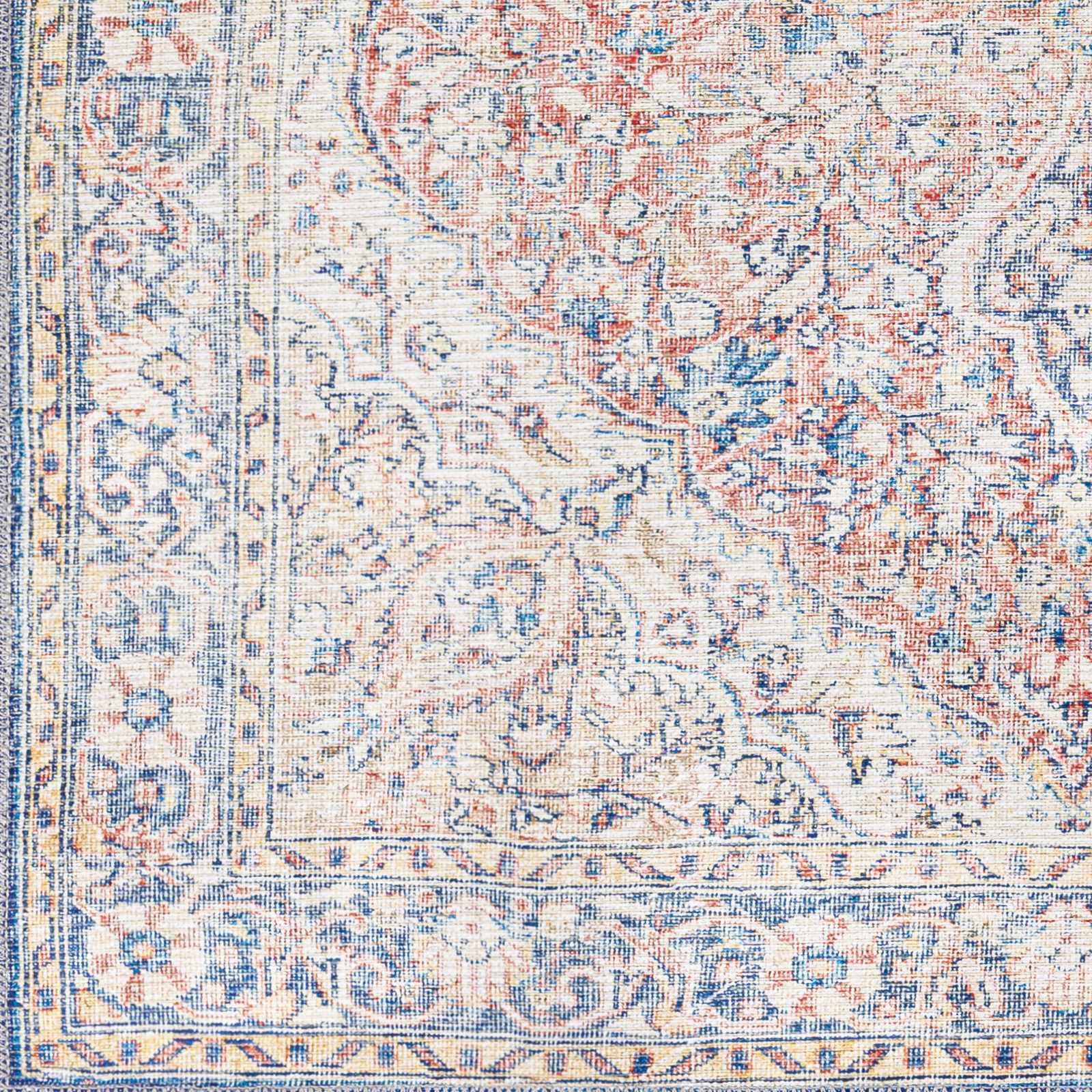 Traditional Oriental Medallion Design Ivory, Blue and rust low pile Area Rug - Image 7