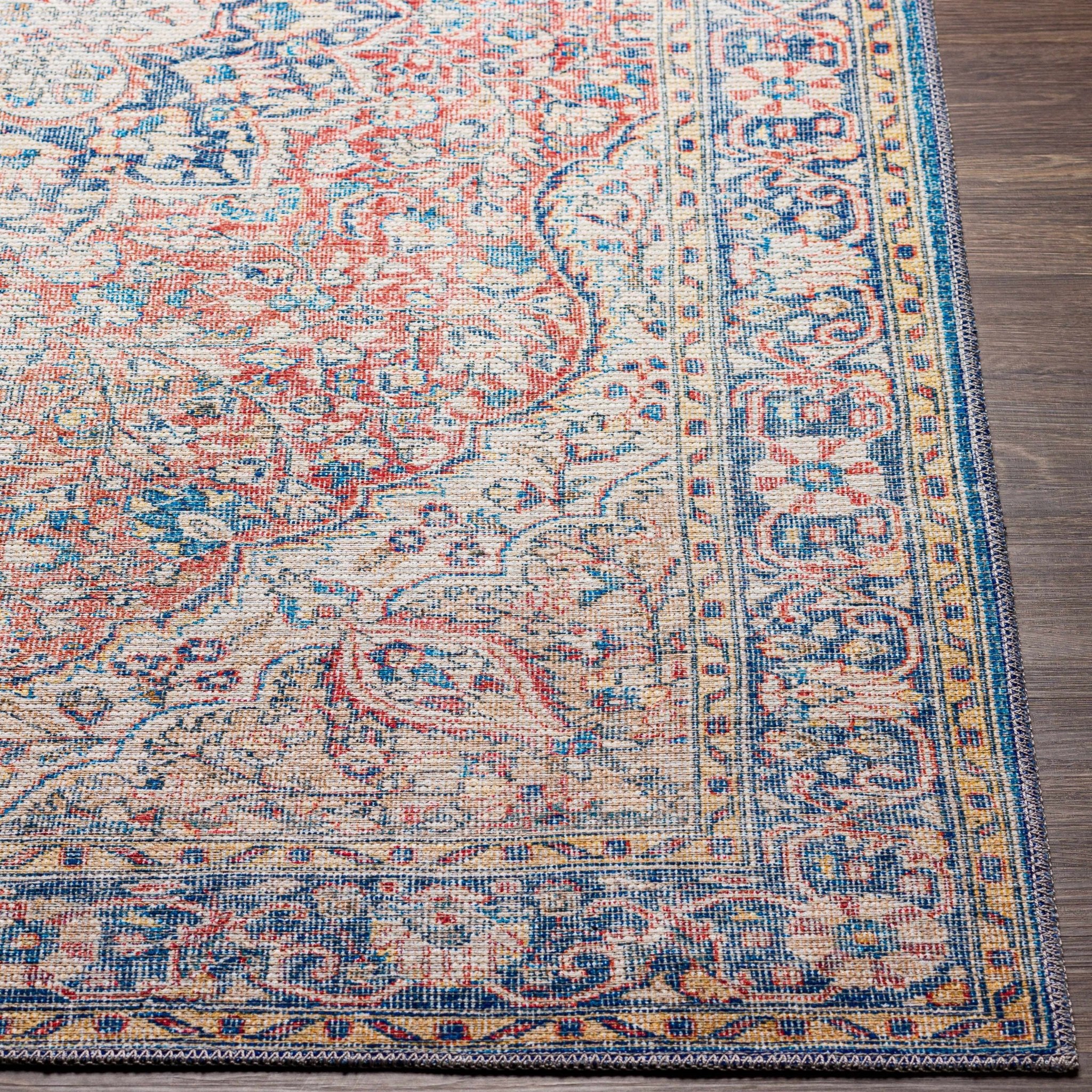 Traditional Oriental Medallion Design Ivory, Blue and rust low pile Area Rug - Image 8