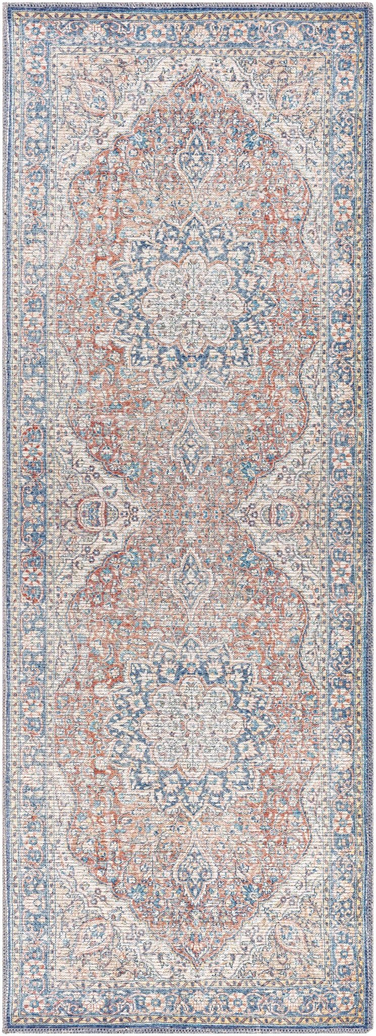 Traditional Oriental Medallion Design Ivory, Blue and rust low pile Area Rug - Image 9