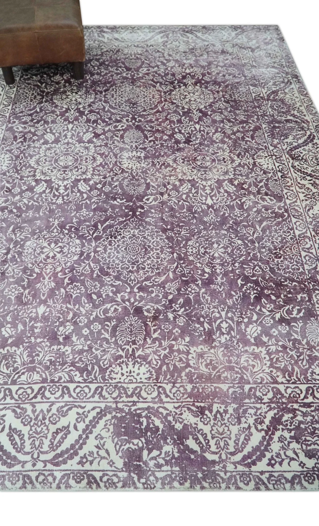 Premium Floral Medallion Purple and Ivory 5.6x7.9 Viscose Area Rug - Image 4