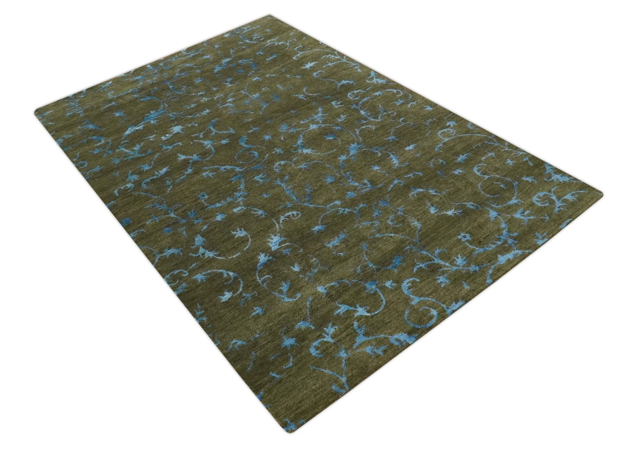Premium look Antique Style Olive and Blue Hand loom 6x9 wool and Art Silk Area Rug - Image 10