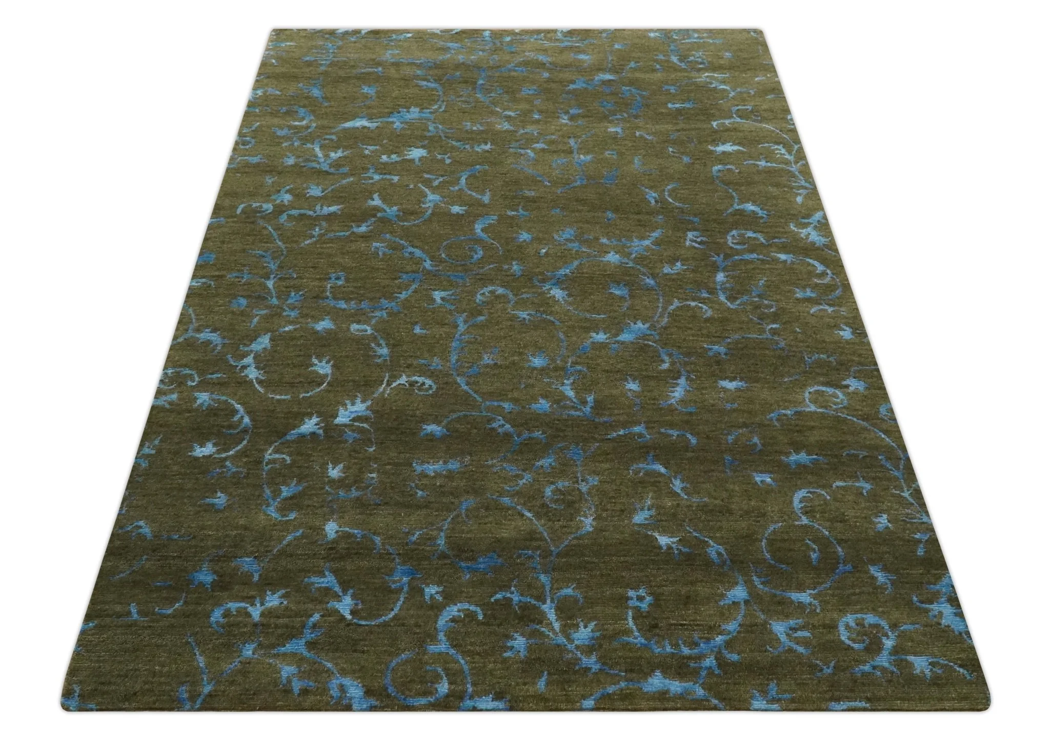 Premium look Antique Style Olive and Blue Hand loom 6x9 wool and Art Silk Area Rug - Image 11