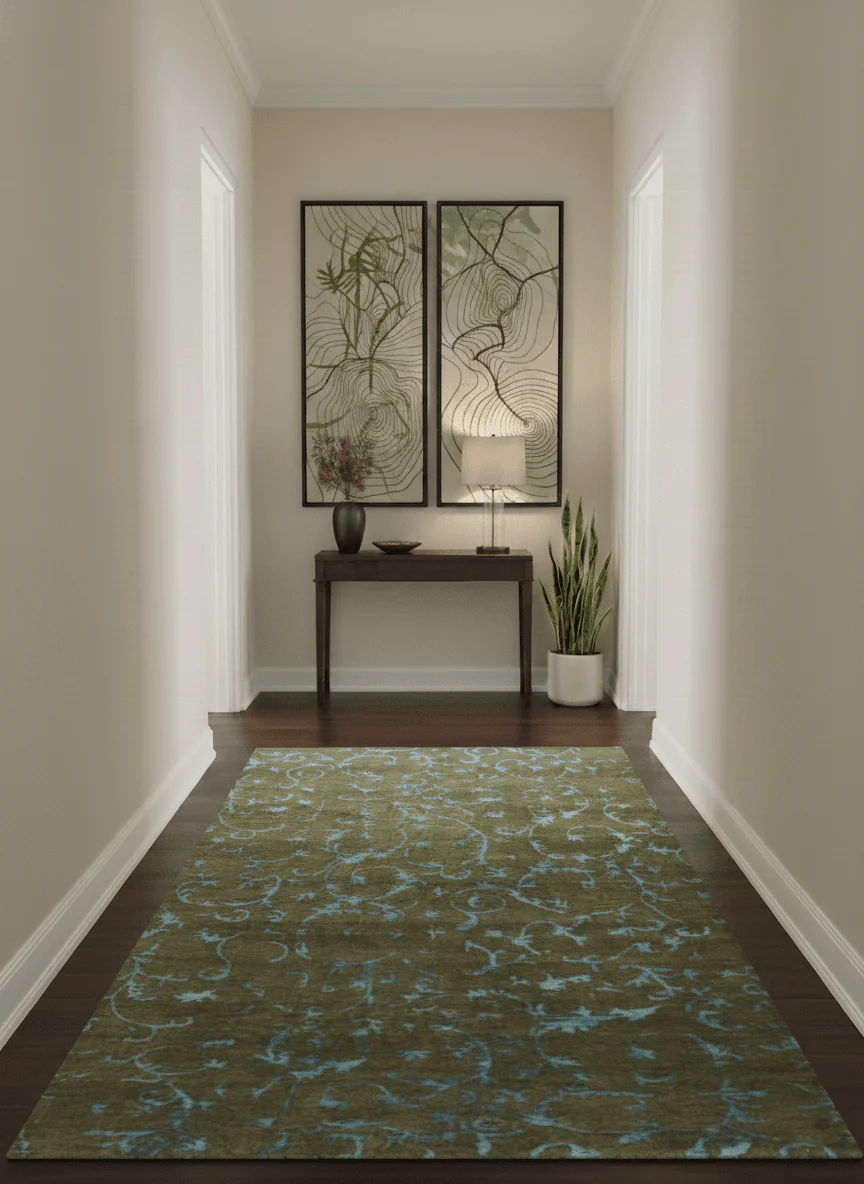 Premium look Antique Style Olive and Blue Hand loom 6x9 wool and Art Silk Area Rug - Image 2