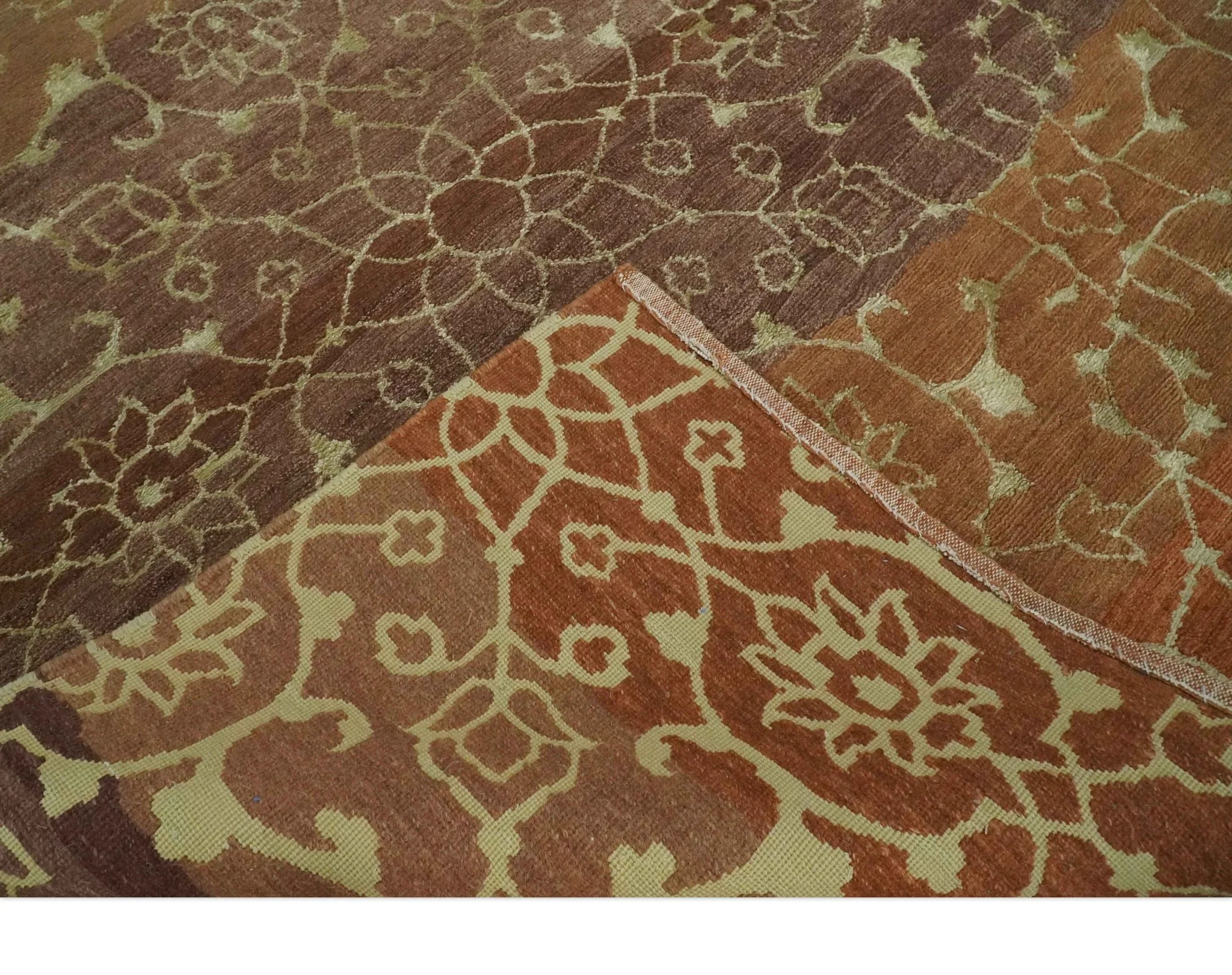Traditional Olive, Brown, Rust and Beige 5x8 Handloom Wool and Art Silk Area Rug - Image 6