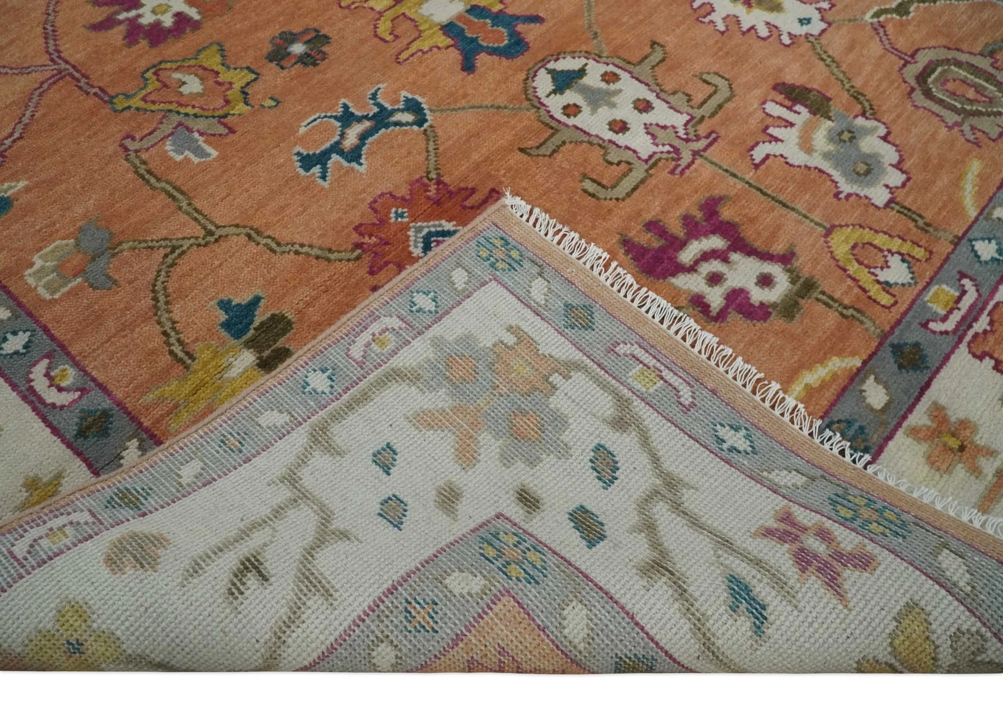 Peach and Ivory Hand knotted Oushak Custom Made wool Area Rug - Image 7