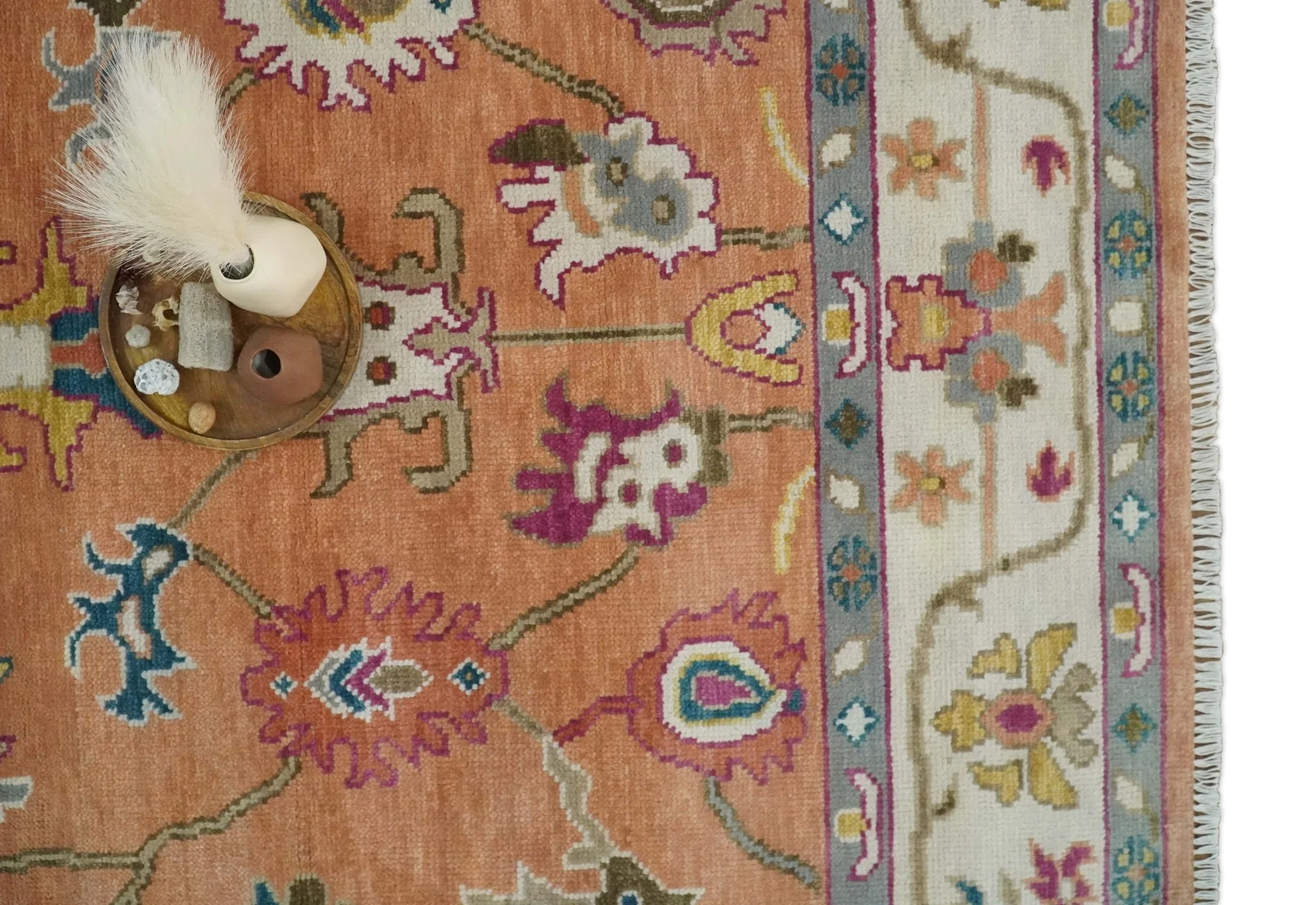 Peach and Ivory Hand knotted Oushak Custom Made wool Area Rug - Image 9