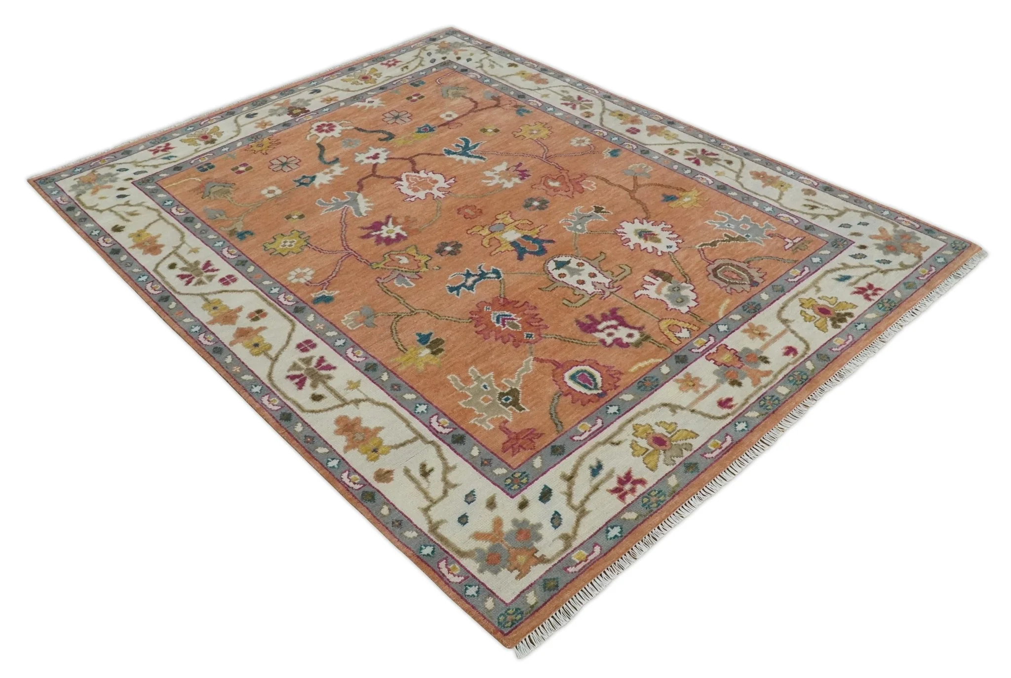 Antique Floral Peach and Ivory Hand knotted Traditional Oushak 8x10 wool Area Rug - Image 10