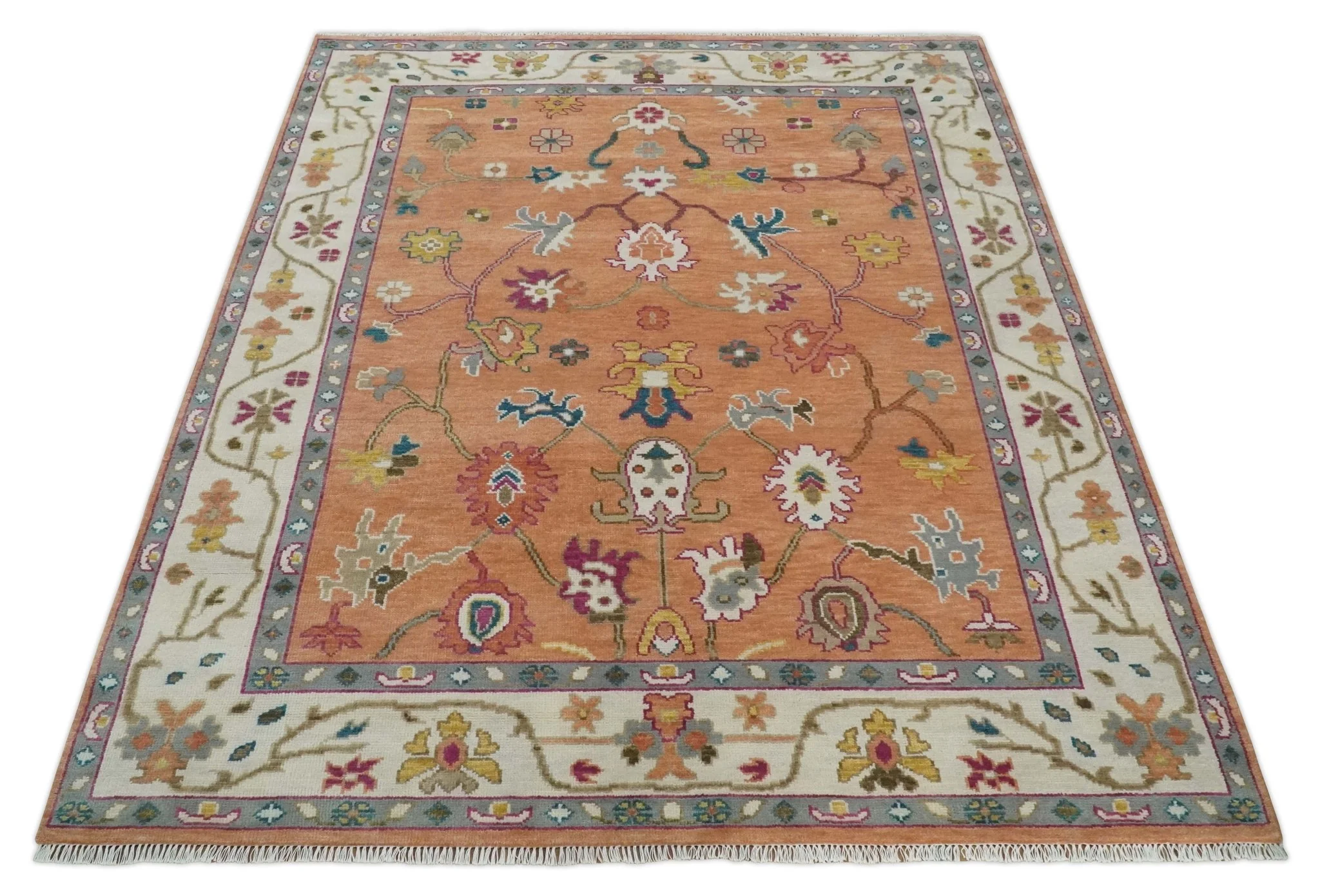 Antique Floral Peach and Ivory Hand knotted Traditional Oushak 8x10 wool Area Rug - Image 11