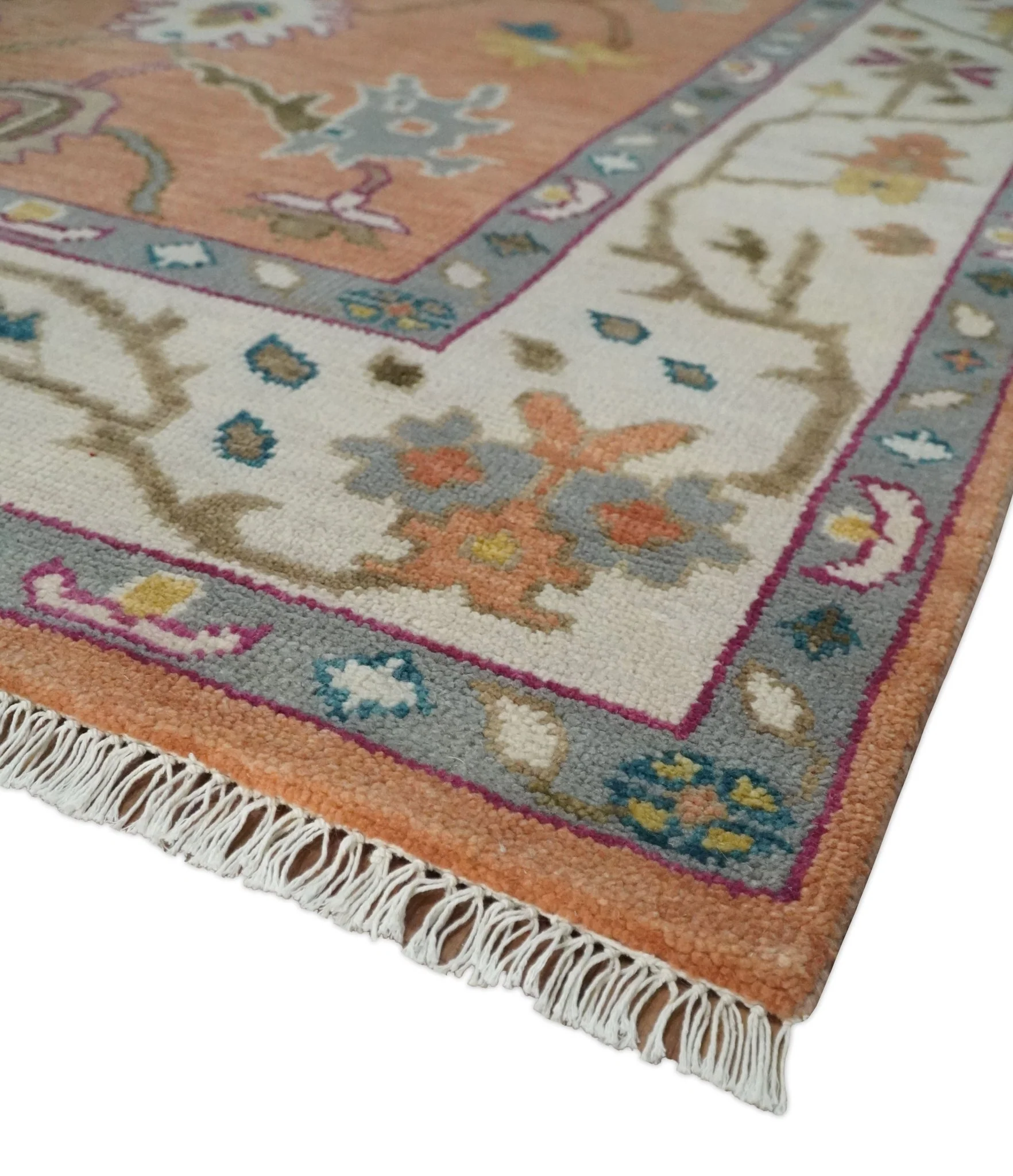 Antique Floral Peach and Ivory Hand knotted Traditional Oushak 8x10 wool Area Rug - Image 5