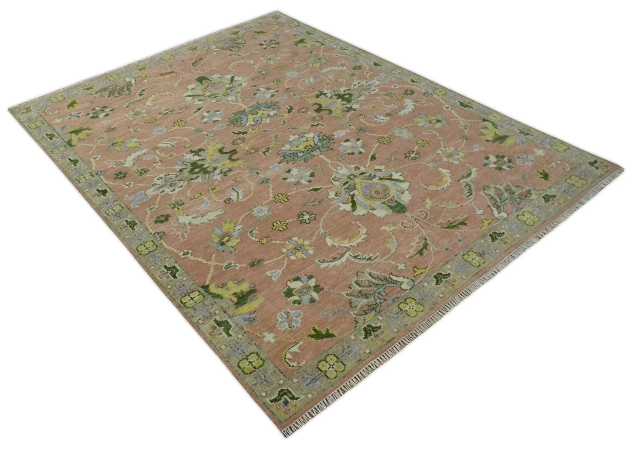 Antique Floral Peach, Green, Mustard and Ivory Hand Knotted 9x12 wool area Rug - Image 10