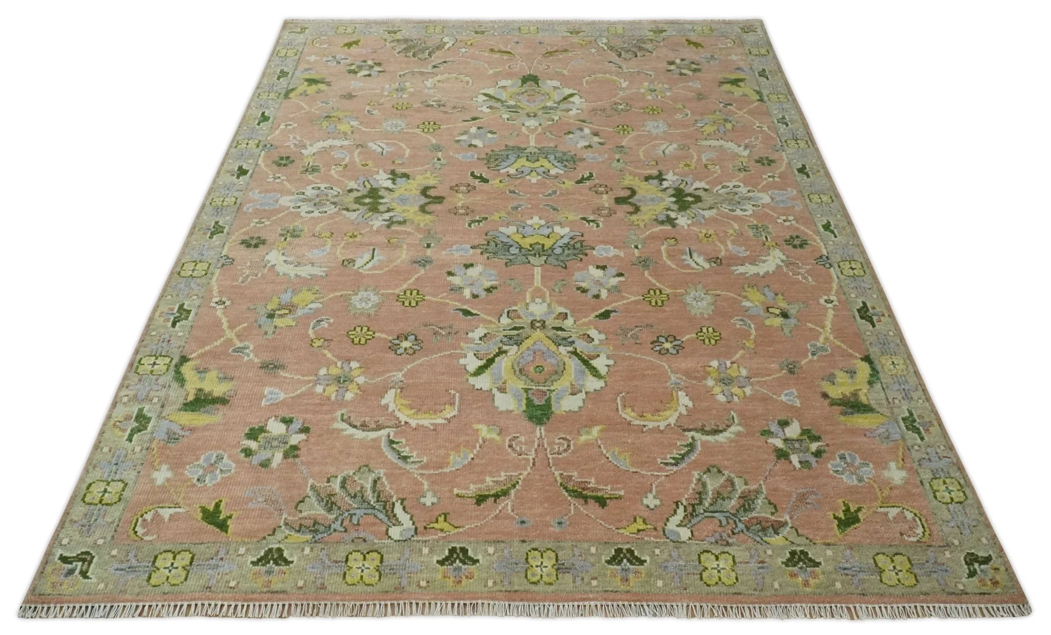 Antique Floral Peach, Green, Mustard and Ivory Hand Knotted 9x12 wool area Rug - Image 11