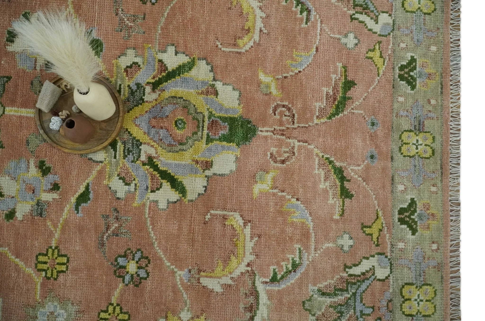 Antique Floral Peach, Green, Mustard and Ivory Hand Knotted 9x12 wool area Rug - Image 12