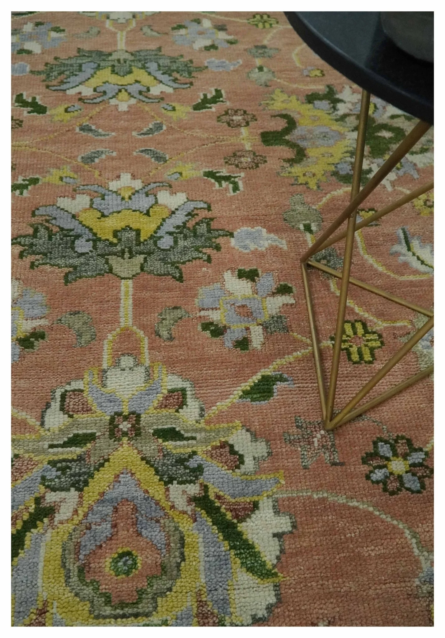 Antique Floral Peach, Green, Mustard and Ivory Hand Knotted 9x12 wool area Rug - Image 2