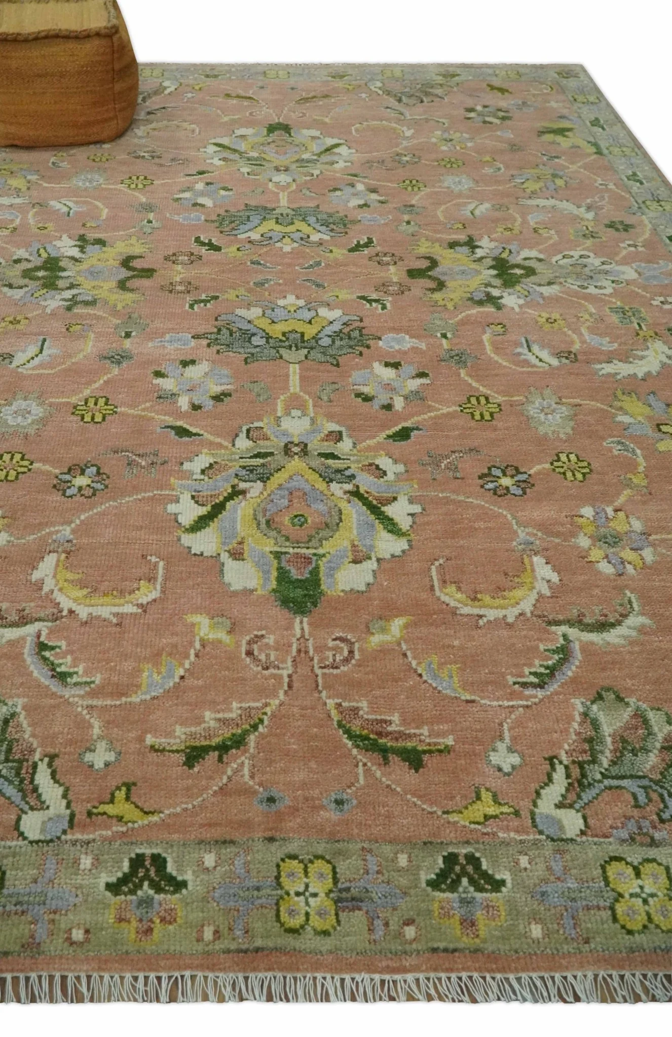 Antique Floral Peach, Green, Mustard and Ivory Hand Knotted 9x12 wool area Rug - Image 3