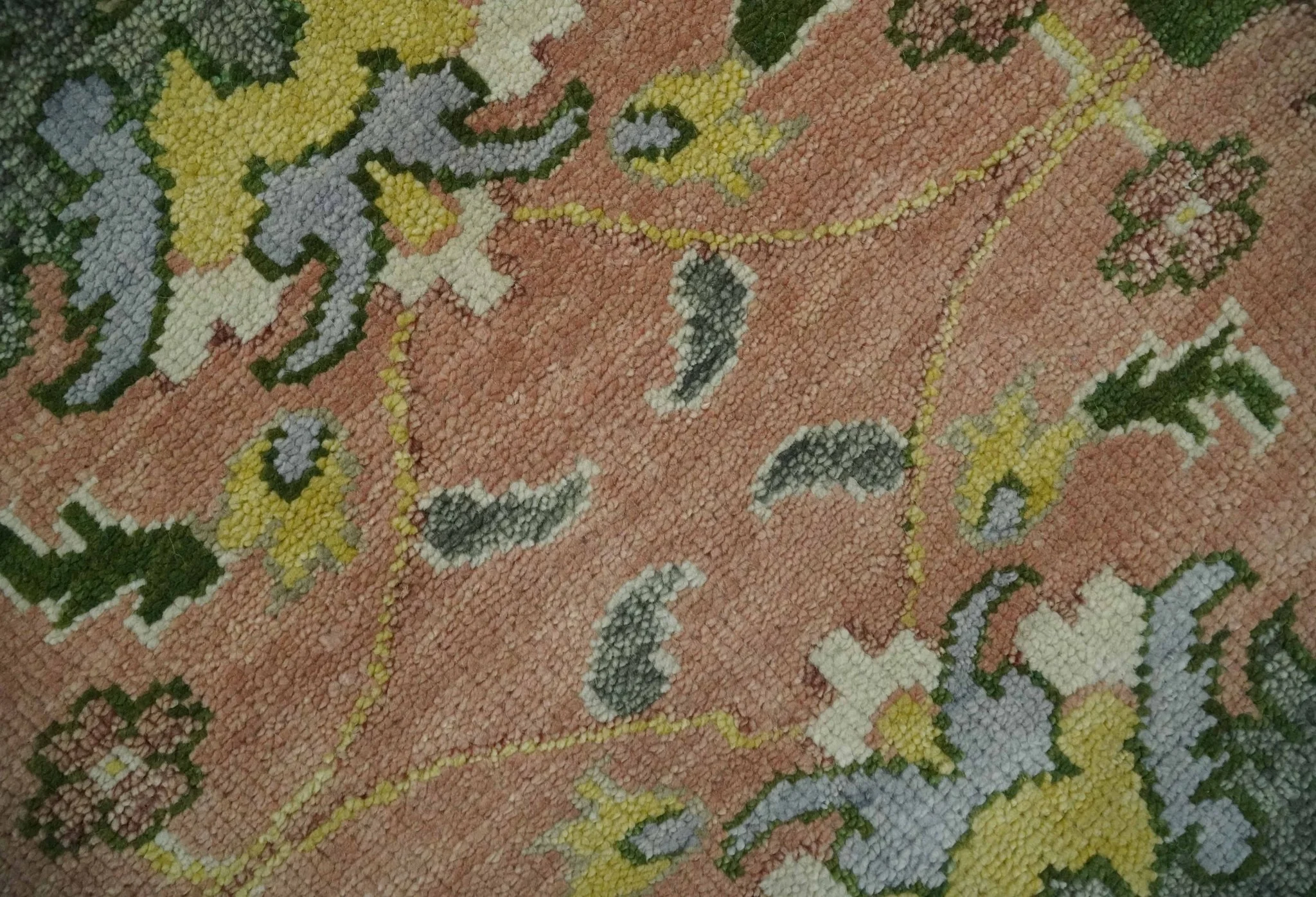 Antique Floral Peach, Green, Mustard and Ivory Hand Knotted 9x12 wool area Rug - Image 4