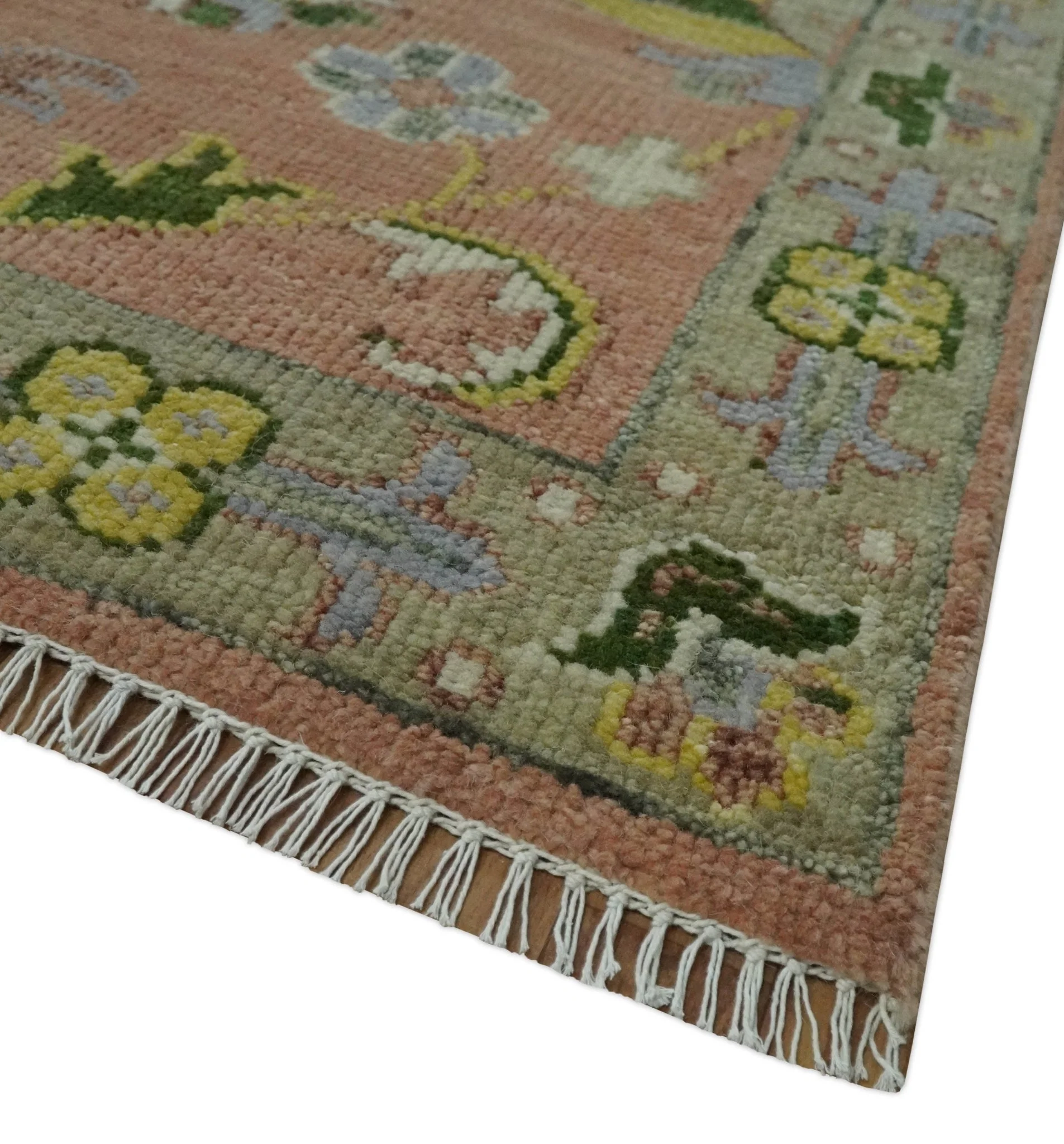 Antique Floral Peach, Green, Mustard and Ivory Hand Knotted 9x12 wool area Rug - Image 5